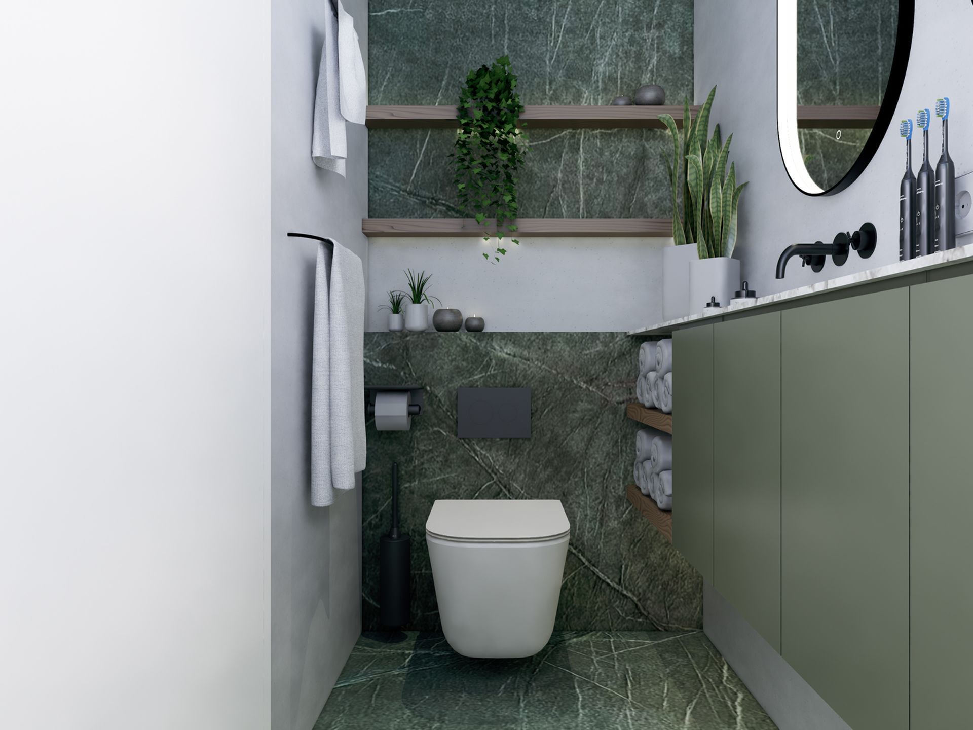 Smalle badkamer met zwevend wastafelmeubel, extra toilet en open wandplanken.