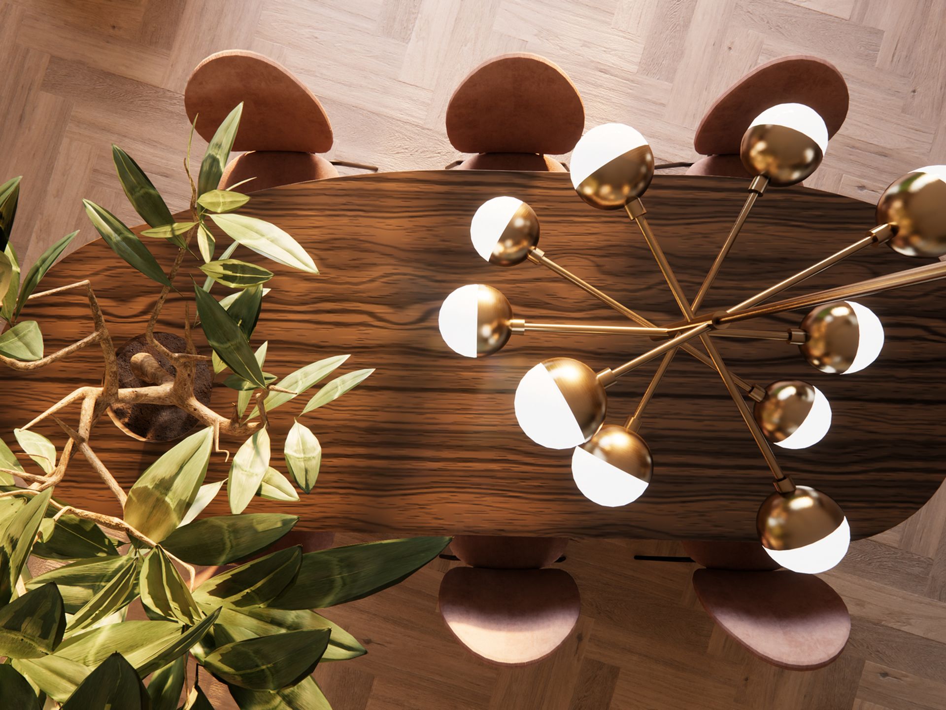 Render van de organische eettafel met geïntegreerde boom en messing kroonluchter, ontworpen door Studio Nathalie Samson en gevisualiseerd door STOERR.