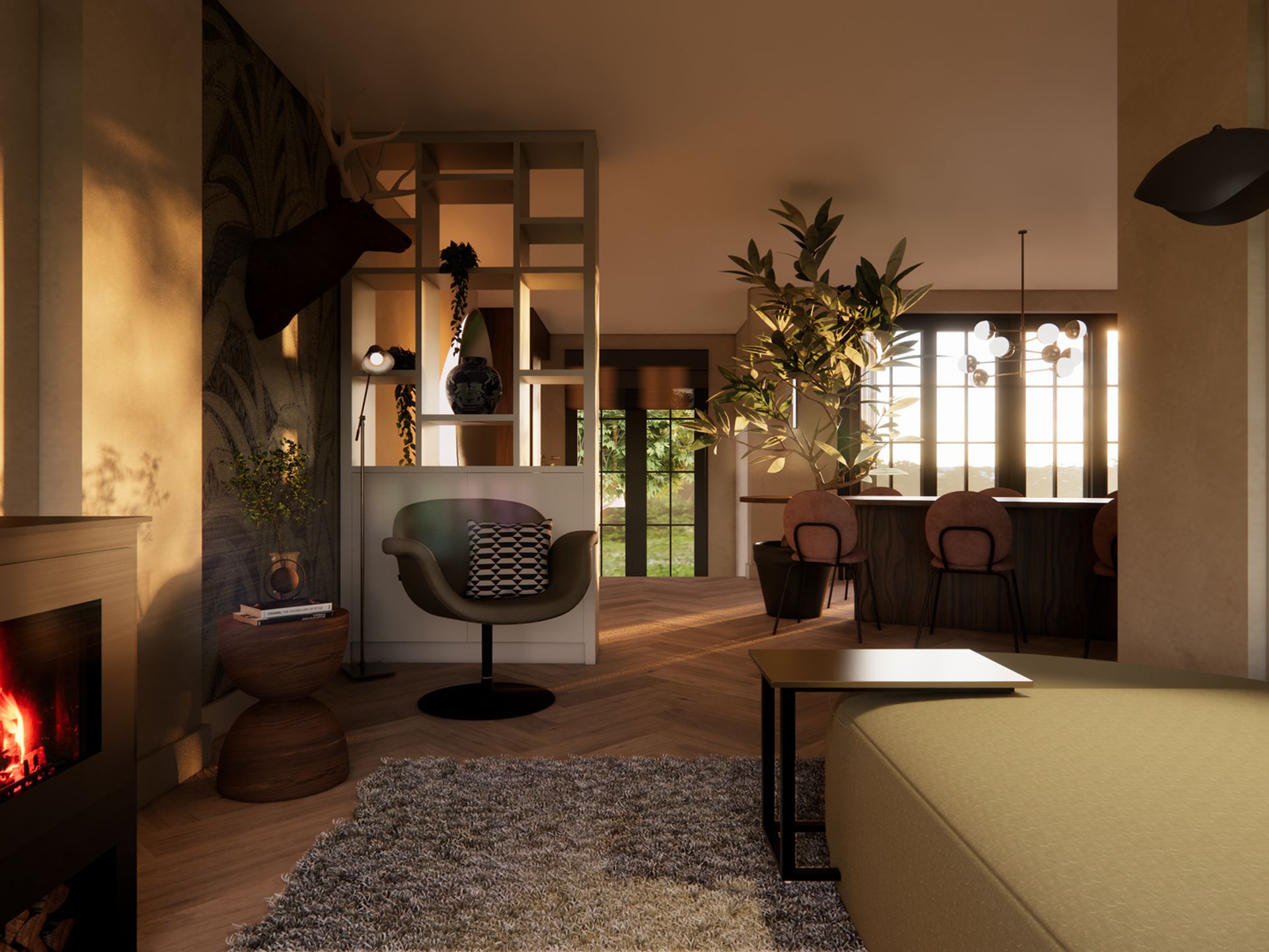 3D visualisatie van de living met haardhoek, roomdividerkast en doorkijk naar de dining met boomtafel.