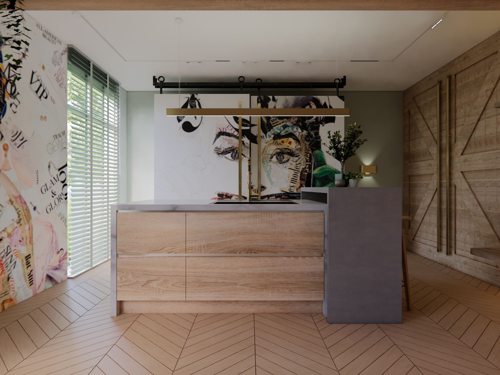 Interieurontwerp van een lichte keuken met houten kookeiland, maatwerkelementen en zicht op de bakstenen haardwand.