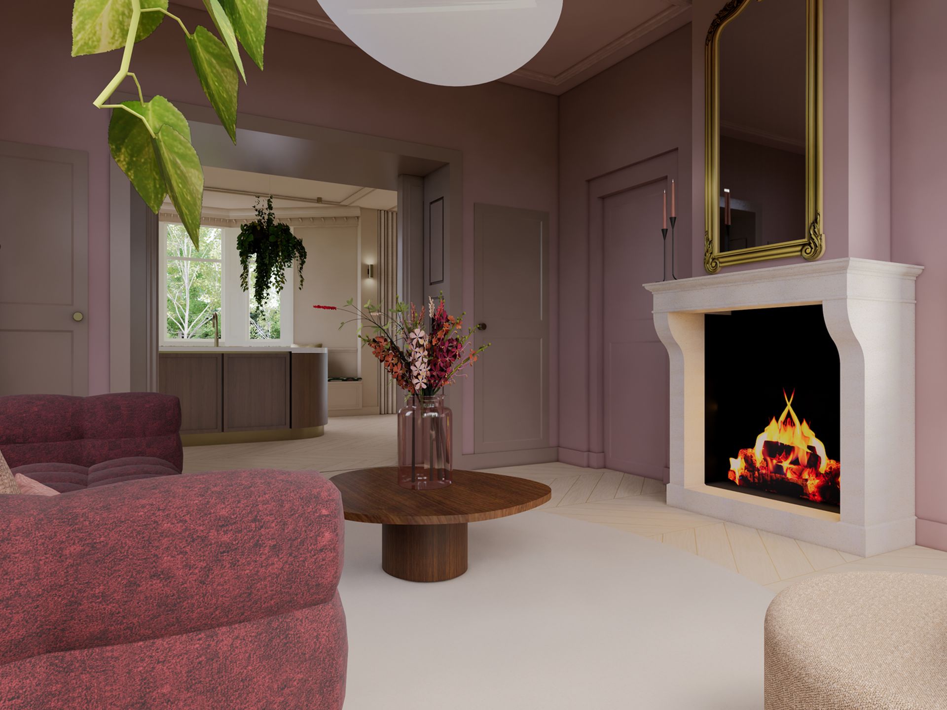 Interieurvisualisatie van de oudroze woonkamer met bordeauxrode bank, haard, gouden spiegel en zichtlijn naar de keuken.