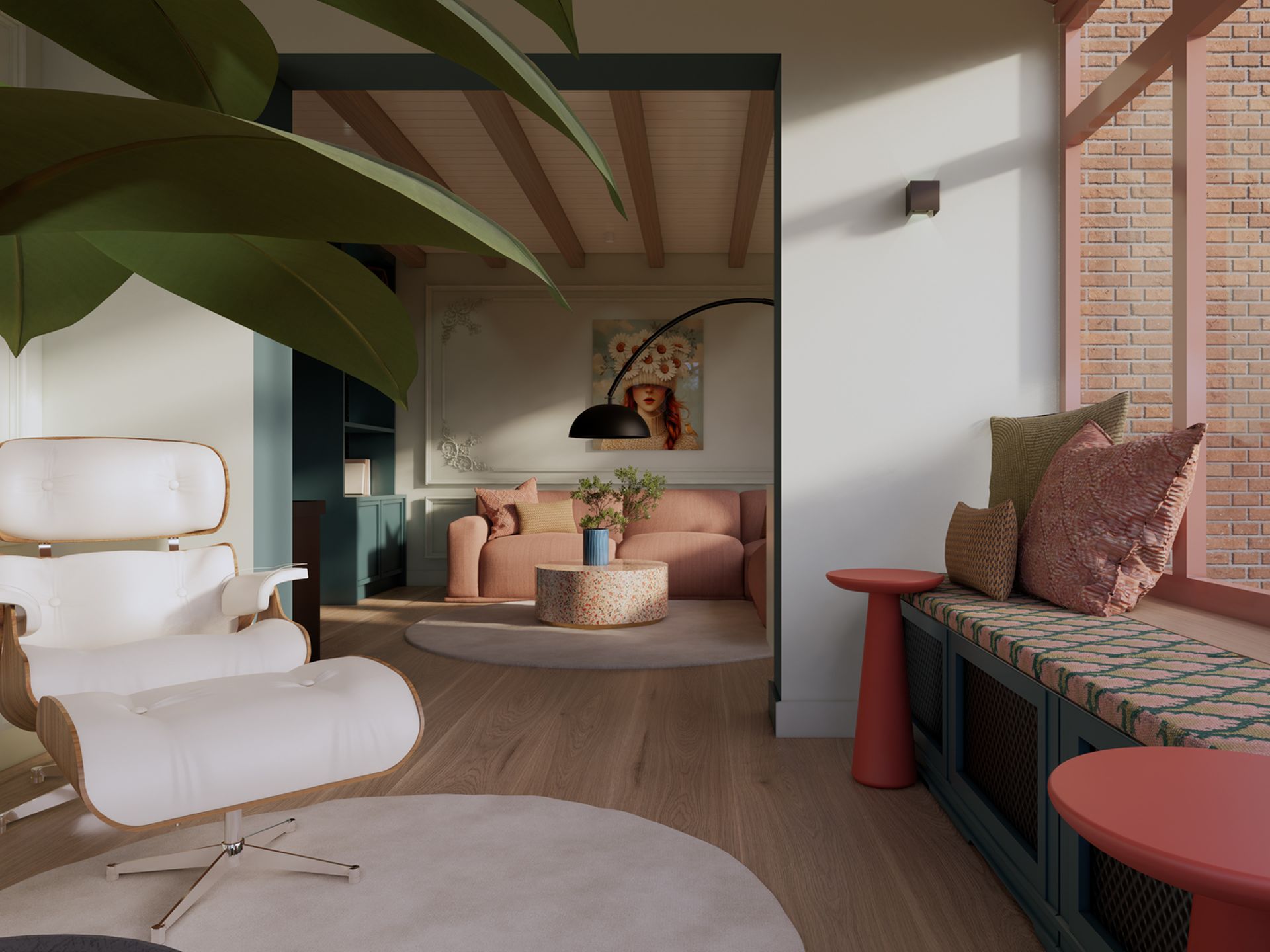 Interieurvisualisatie van de serre met witte loungechair, terra-roze kozijnen, raamzitbank, planten en zicht richting de woonkamer.