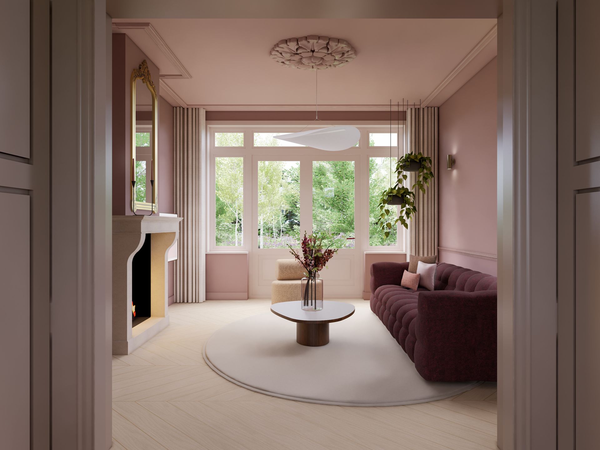 3D visualisatie van de woonkamer in Villa Rotterdam met oudroze wanden, bordeauxrode bank en zicht door de ensuite deuren, ontworpen door Studio Nathalie Samson en gevisualiseerd door STOERR.