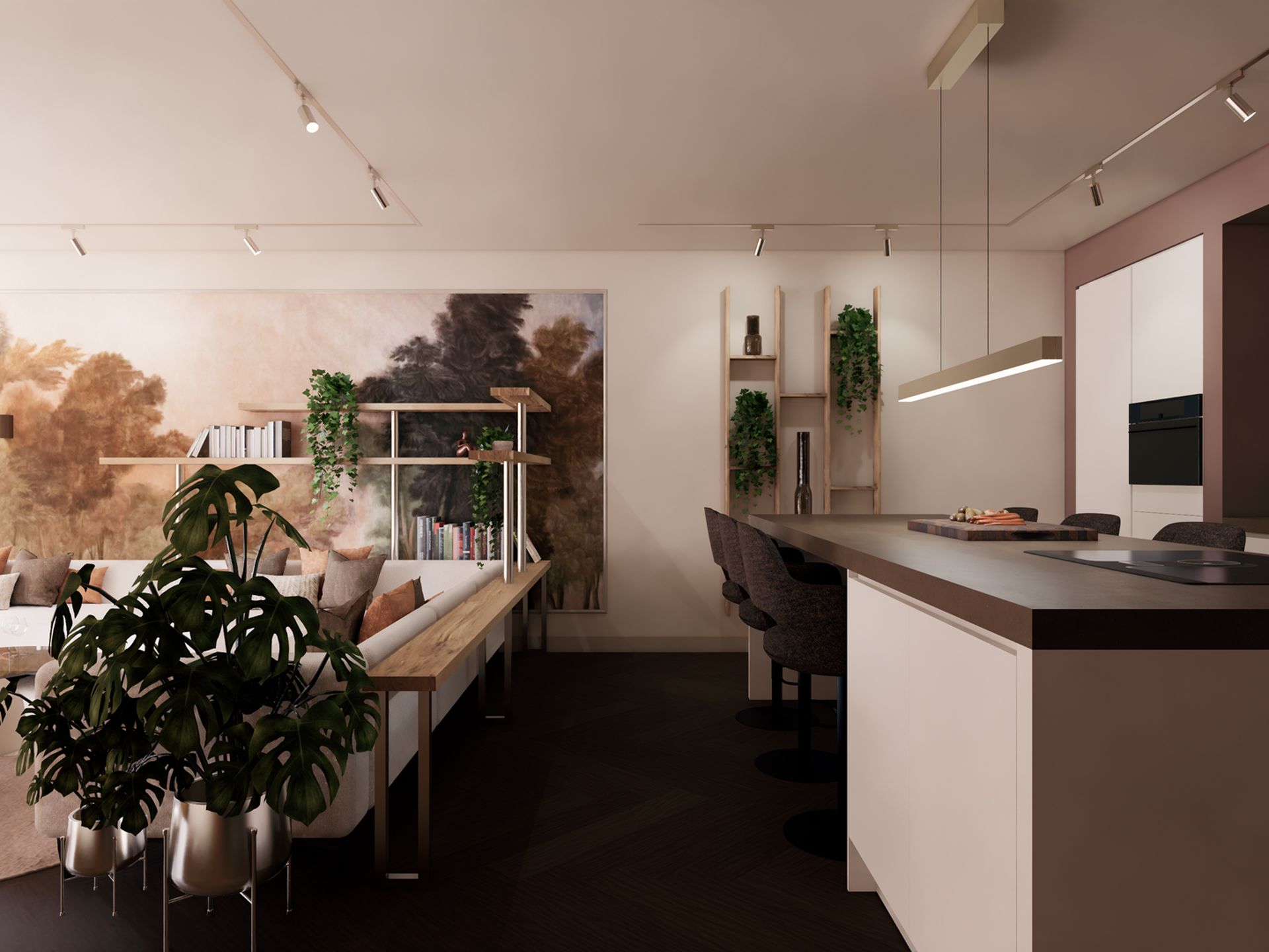 Interieurontwerp van woonkamer en keuken in een appartement in Spijkenisse, met lange zichtlijnen en een open ruimtelijke indeling.