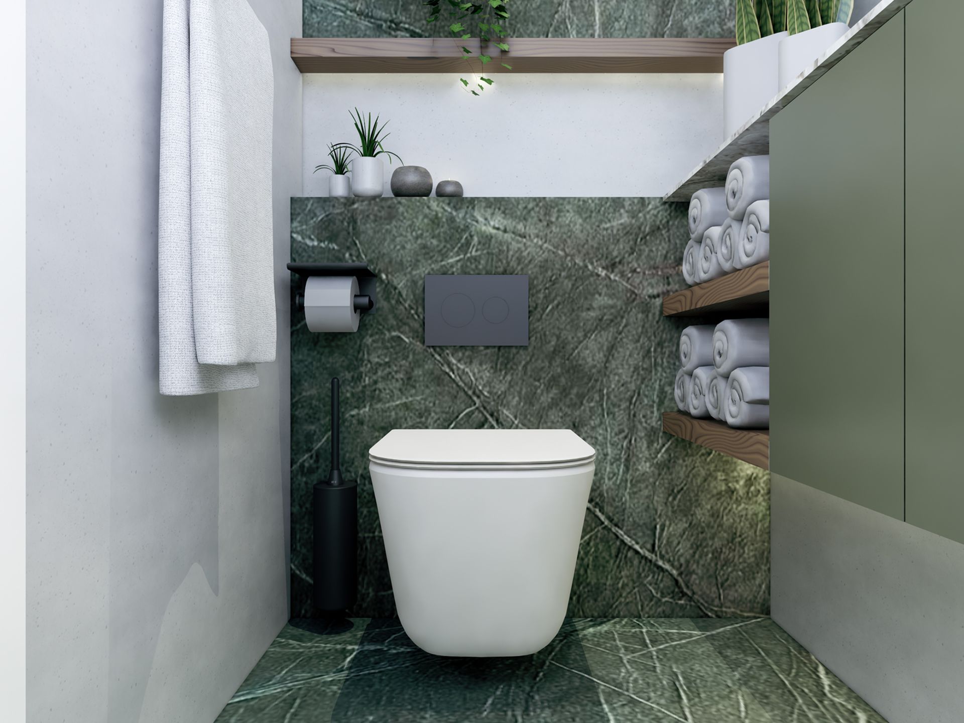 Frontaal beeld van het extra toilet met groene wandbekleding en praktische opbergruimte.