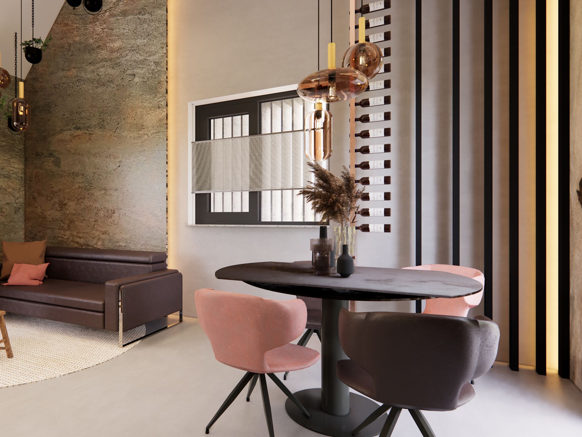 3D-visualisatie van de zit- en eethoek met donkerleren bank, roze stoelen, maatwerk wijnrek en warme hangverlichting.