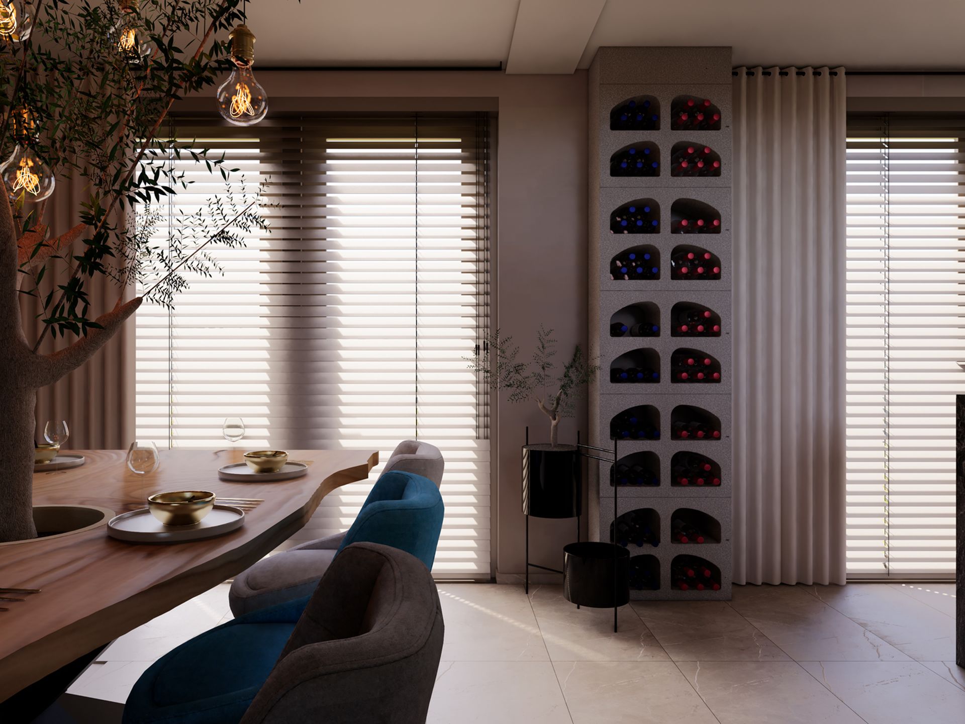 Eethoek met boom door het tafelblad, grote ramen, hangverlichting en ingebouwde wijnopslag.