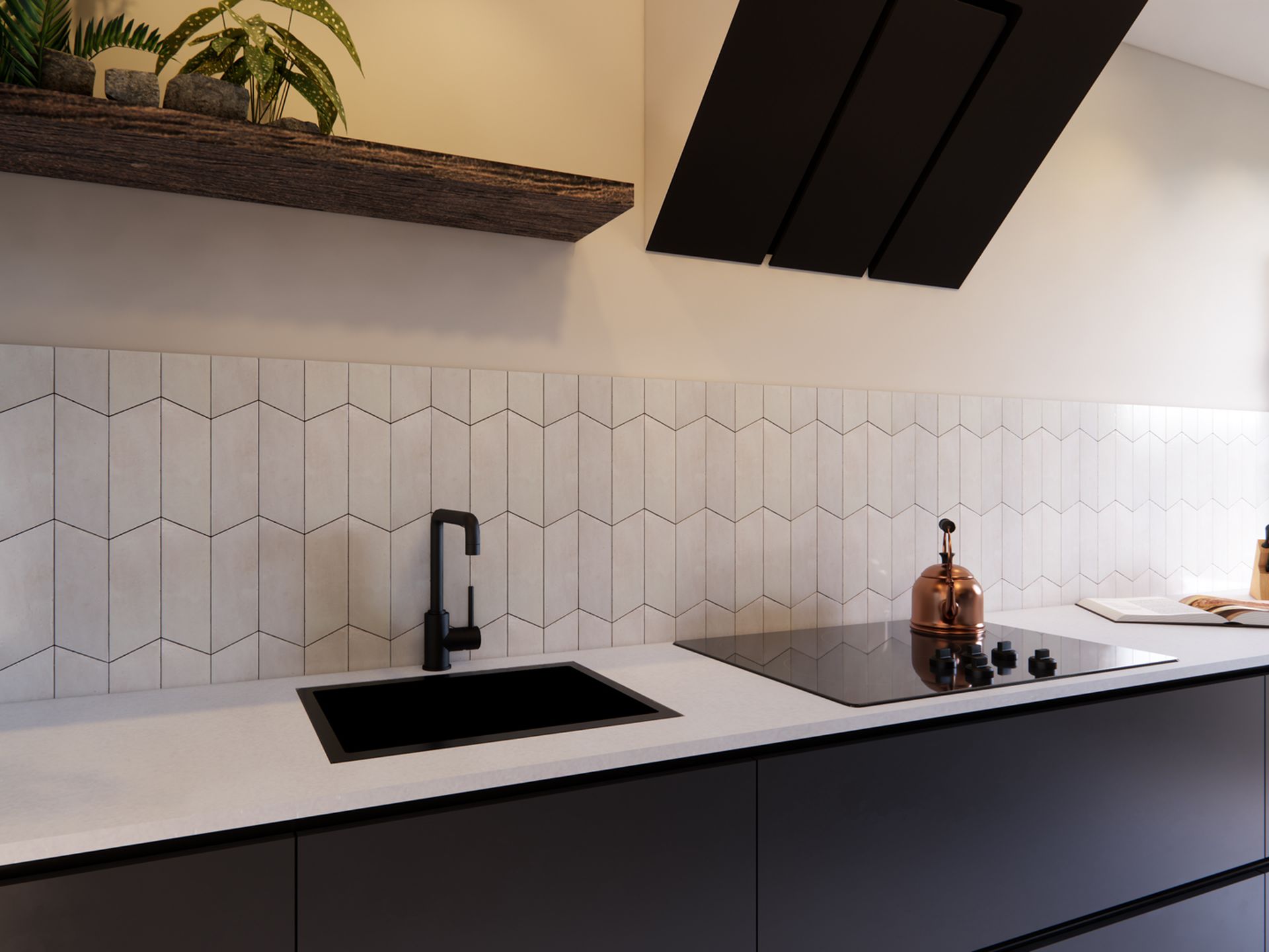 Keukenontwerp met donkere fronten, lichte achterwand, zwarte kraan, koperen accent en houten plantenplank.
