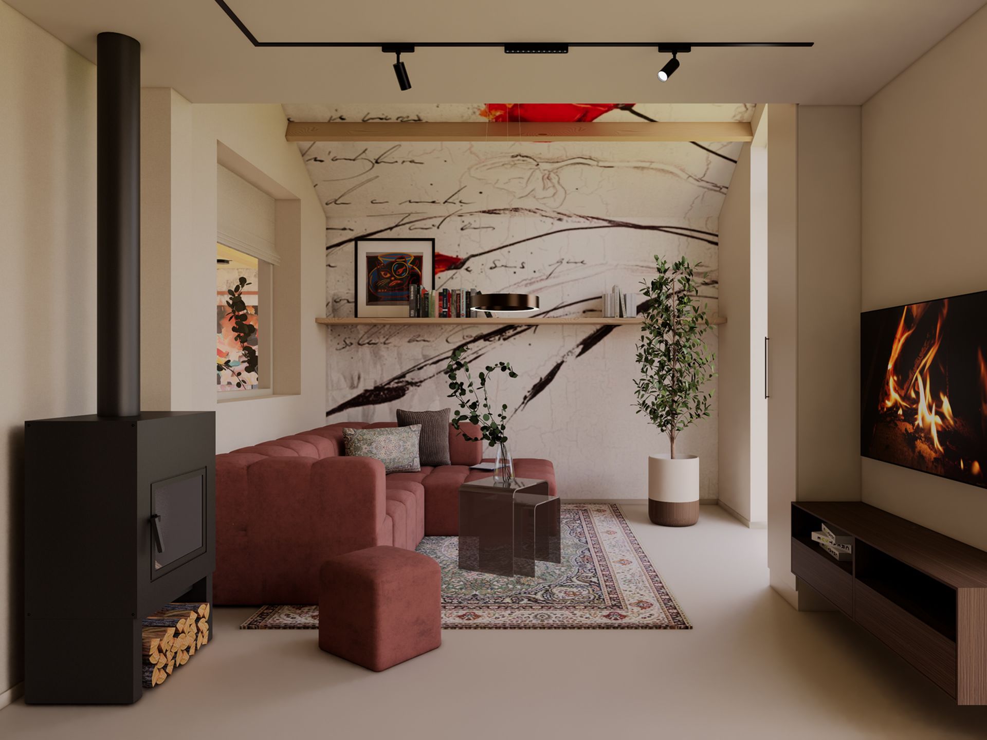 Tv-kamer met roze hoekbank, vrijstaande haard, Perzisch tapijt en een grafisch dessin over wand en schuin plafond.