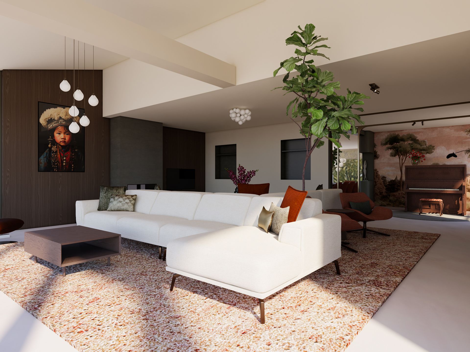 3D visualisatie van een open leefruimte in een villa in Castricum met bankeneiland, haardwand, hoge boom en pianosalon, ontworpen door Studio Nathalie Samson en gevisualiseerd door STOERR.