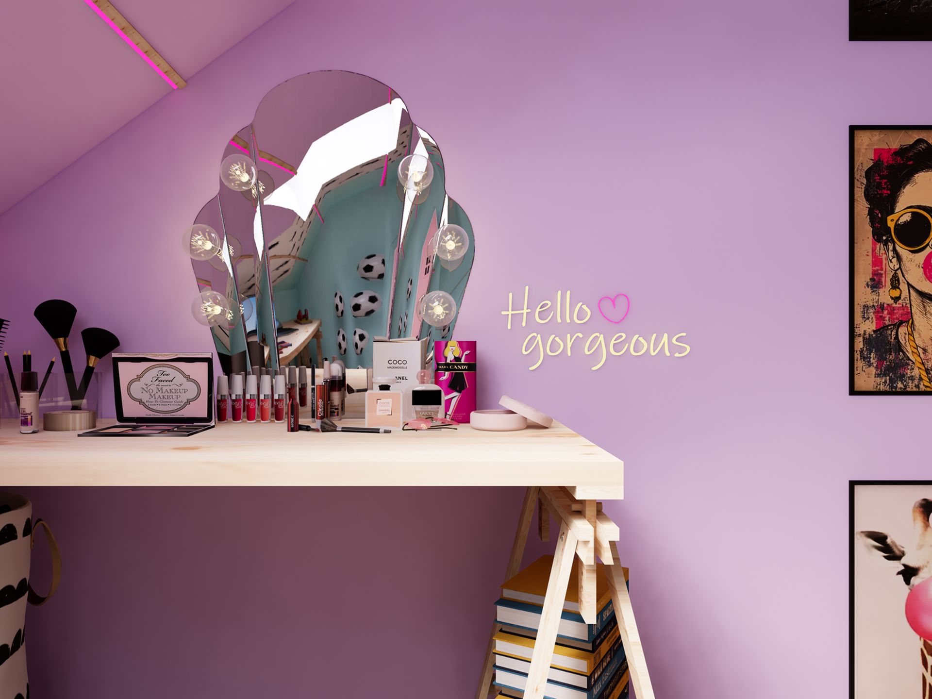 3D-visualisatie van de make-upplek in de Feyenoord-tienerkamer in Zuidland met verlichte spiegel, beautyproducten, roze wand en kleurrijke kunstprints.