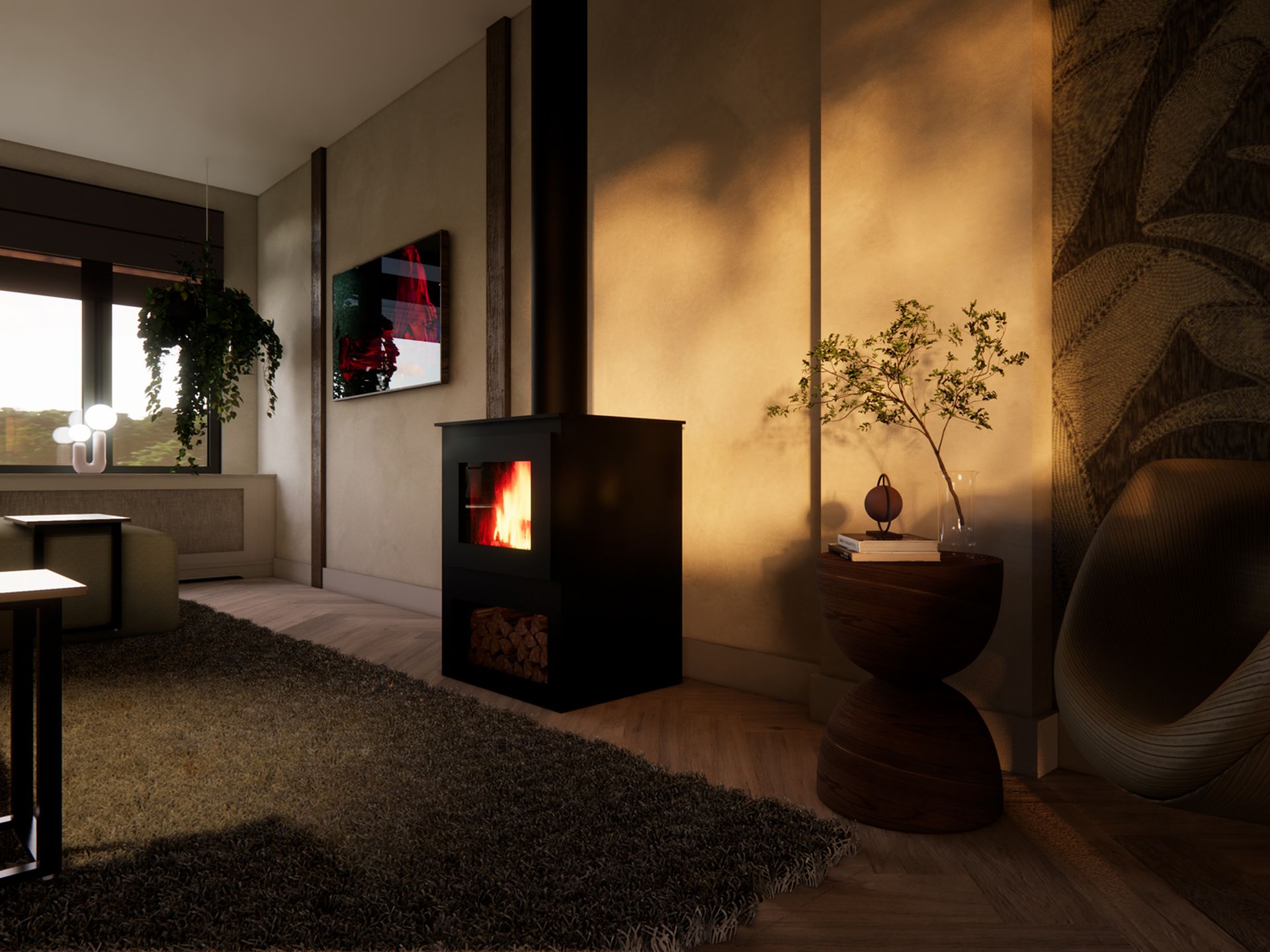 Interieurvisualisatie van de living met kachel, vloerkleed, ronde bijzettafel, fauteuil en zachte avondzon.