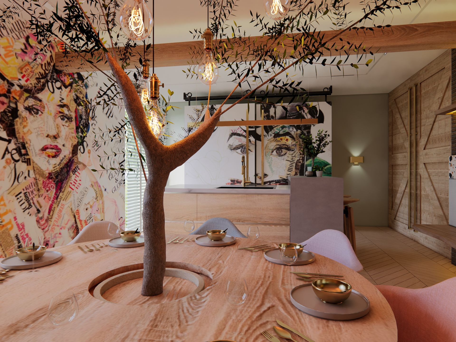 3D visualisatie van de ronde houten eettafel rondom een boom met zicht op de keuken en maatwerkzitbank