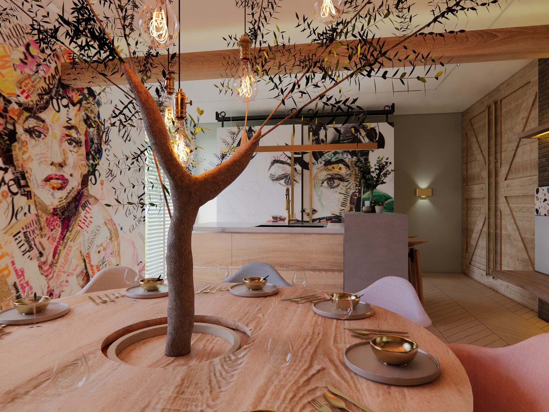 3D-visualisatie vanuit de boomtafel richting de keuken met houten eettafel, hangende filamentlampen, fotobehang en maatwerk keuken.