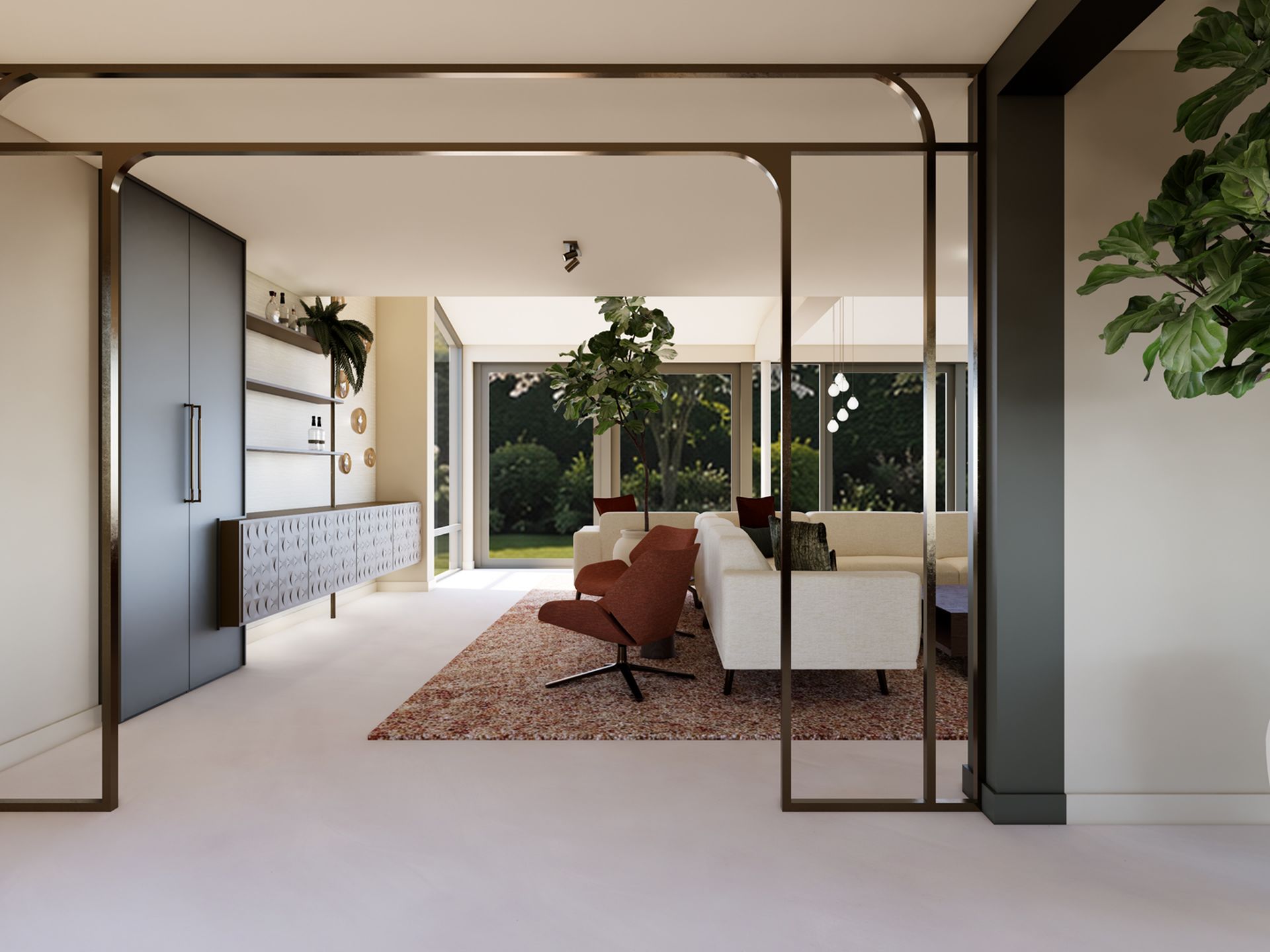 Interieurvisualisatie van een antiek messing roomdivider met zichtlijn naar de lounge en maatwerk whiskywand in Project Villa Castricum.