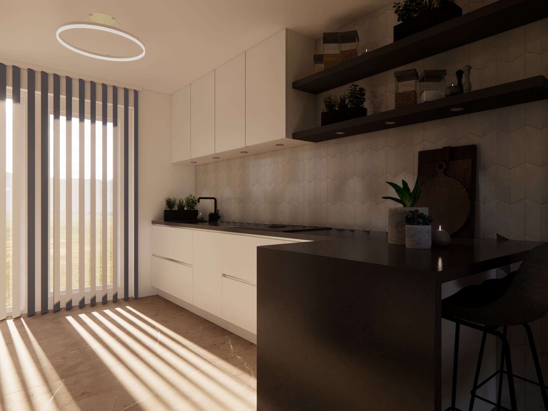 Keukenontwerp met lichte fronten, donker werkblad, open wandplanken en een zitgedeelte aan het schiereiland.