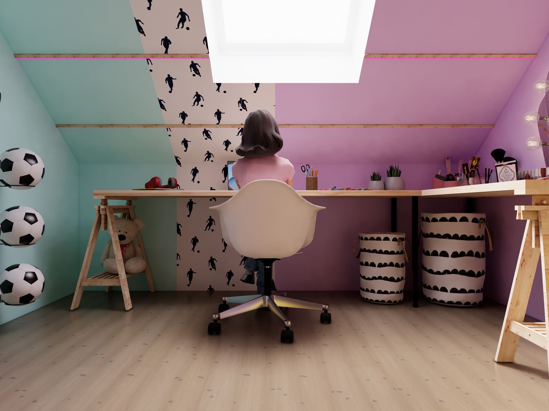 3D-visualisatie van de studie- en make-upplek in de Feyenoord-tienerkamer in Zuidland met lang bureau, voetbalwand, roze en turquoise vlakken en dakraam.