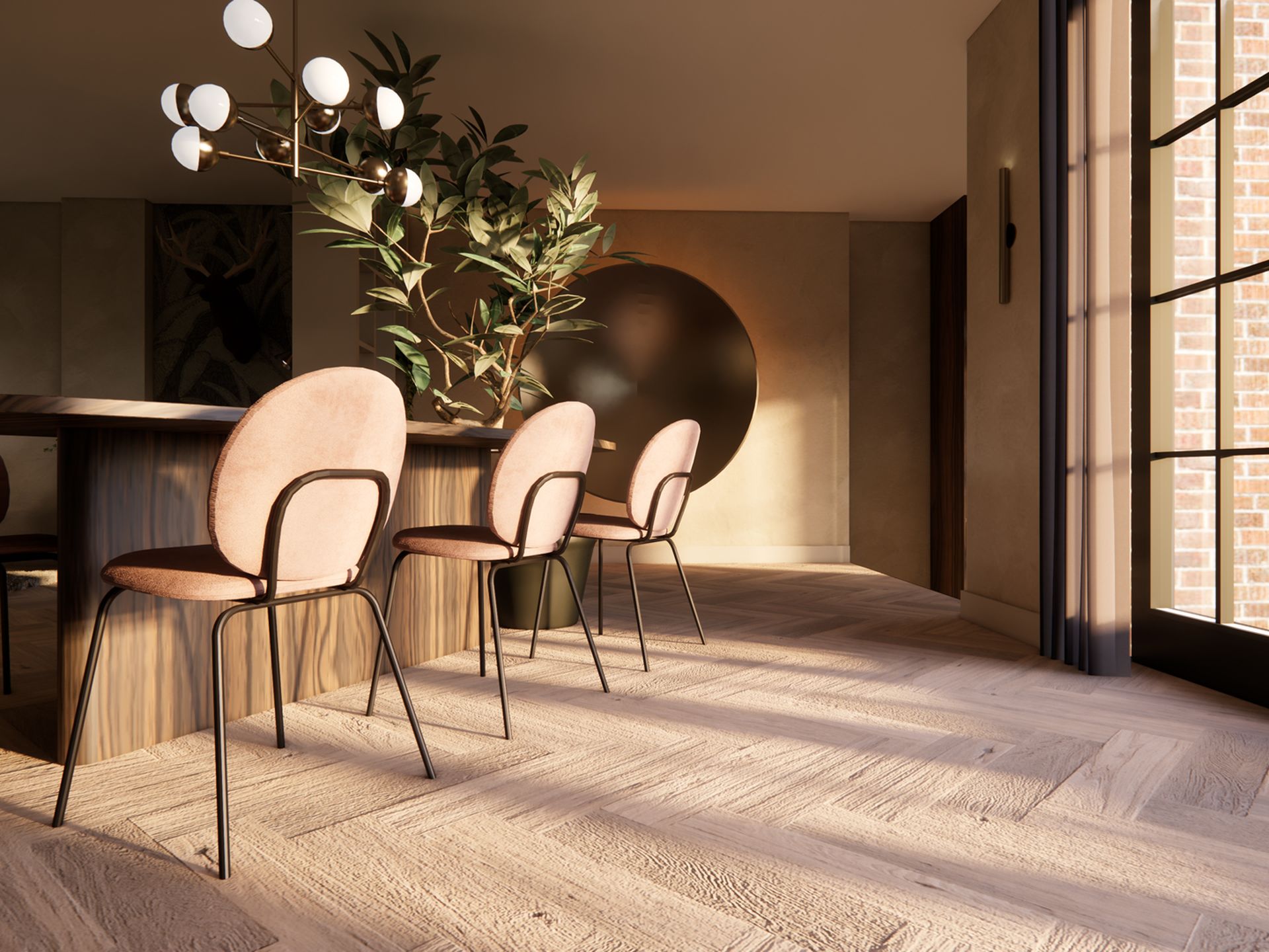 3D visualisatie van de dining met roze stoelen, boomtafel, grote raampartij en warme Wabi Sabi Chique sfeer.