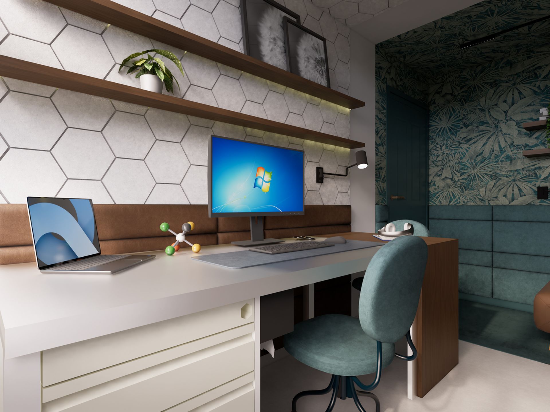 Werkplek met bestaand bureau, verlichte wandplanken en zicht op de sfeervolle logeerplek achter in de kamer.