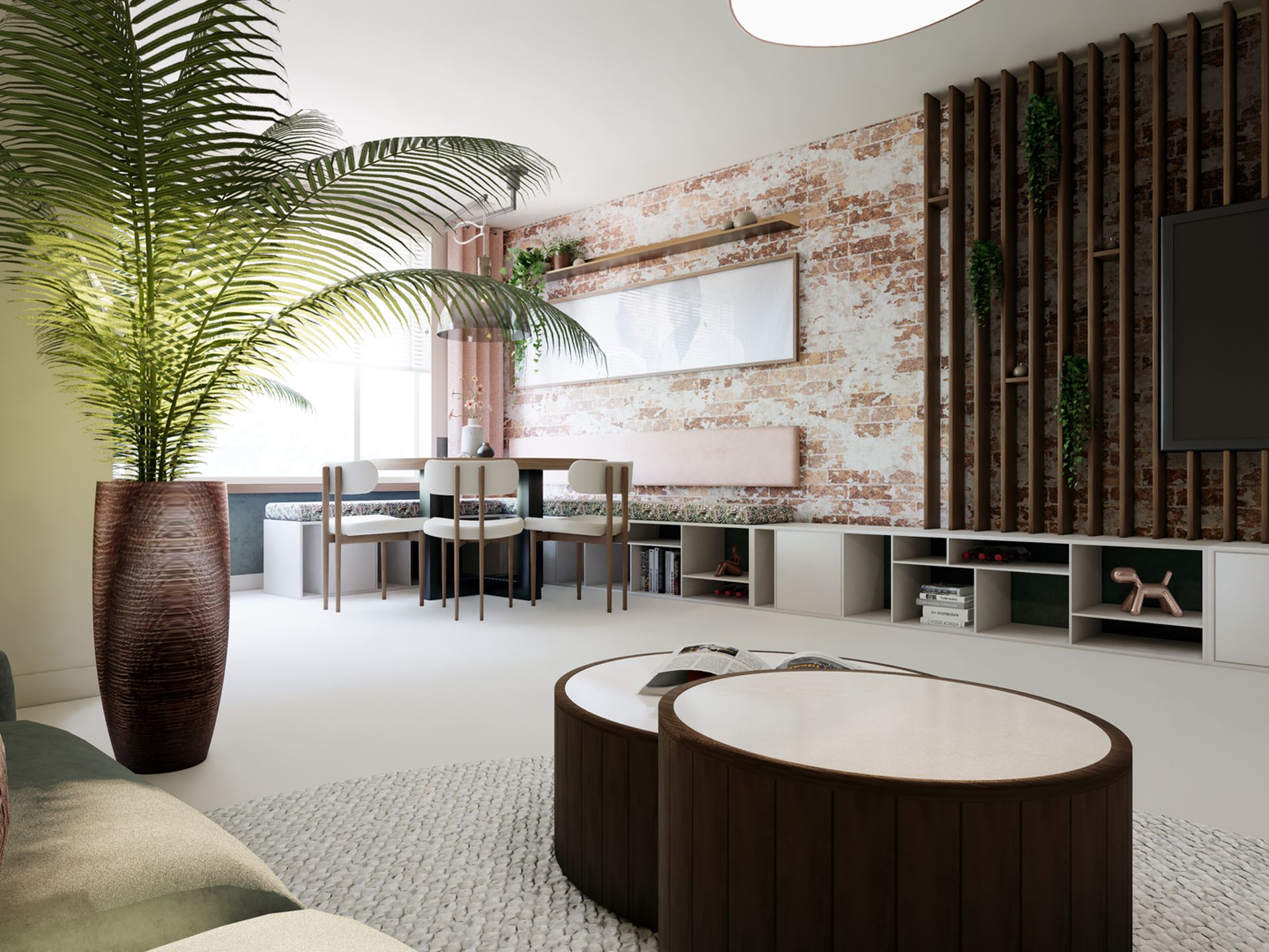 3D visualisatie van de woonruimte met maatwerkwand, tv, houten latten, bakstenen wand en eethoek in Dorpswoning Dinteloord.