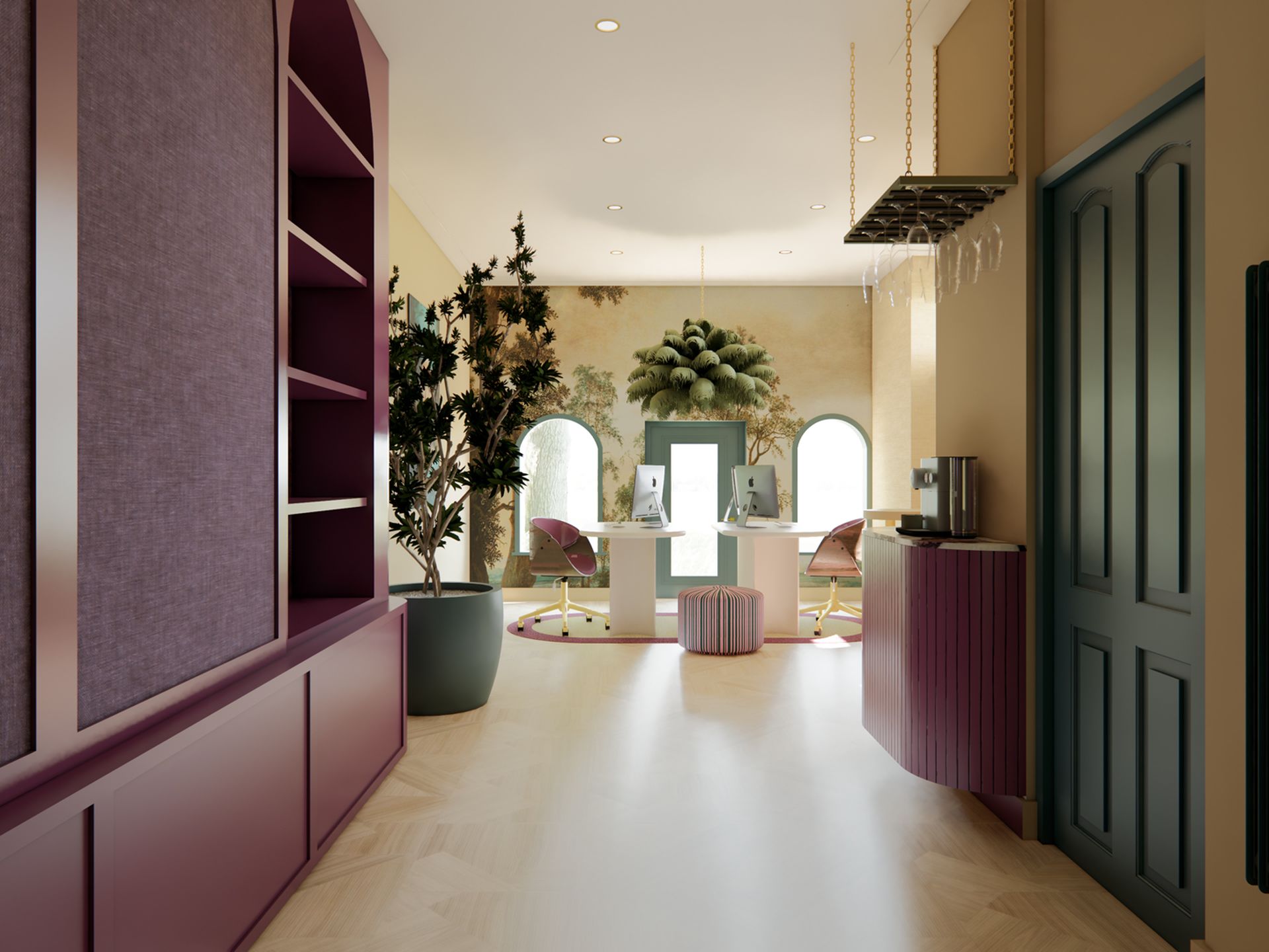 3D visualisatie van een kleurrijk thuiskantoor met maatwerkkast, koffiecorner en twee werkplekken, ontworpen door Studio Nathalie Samson en gevisualiseerd door STOERR.
