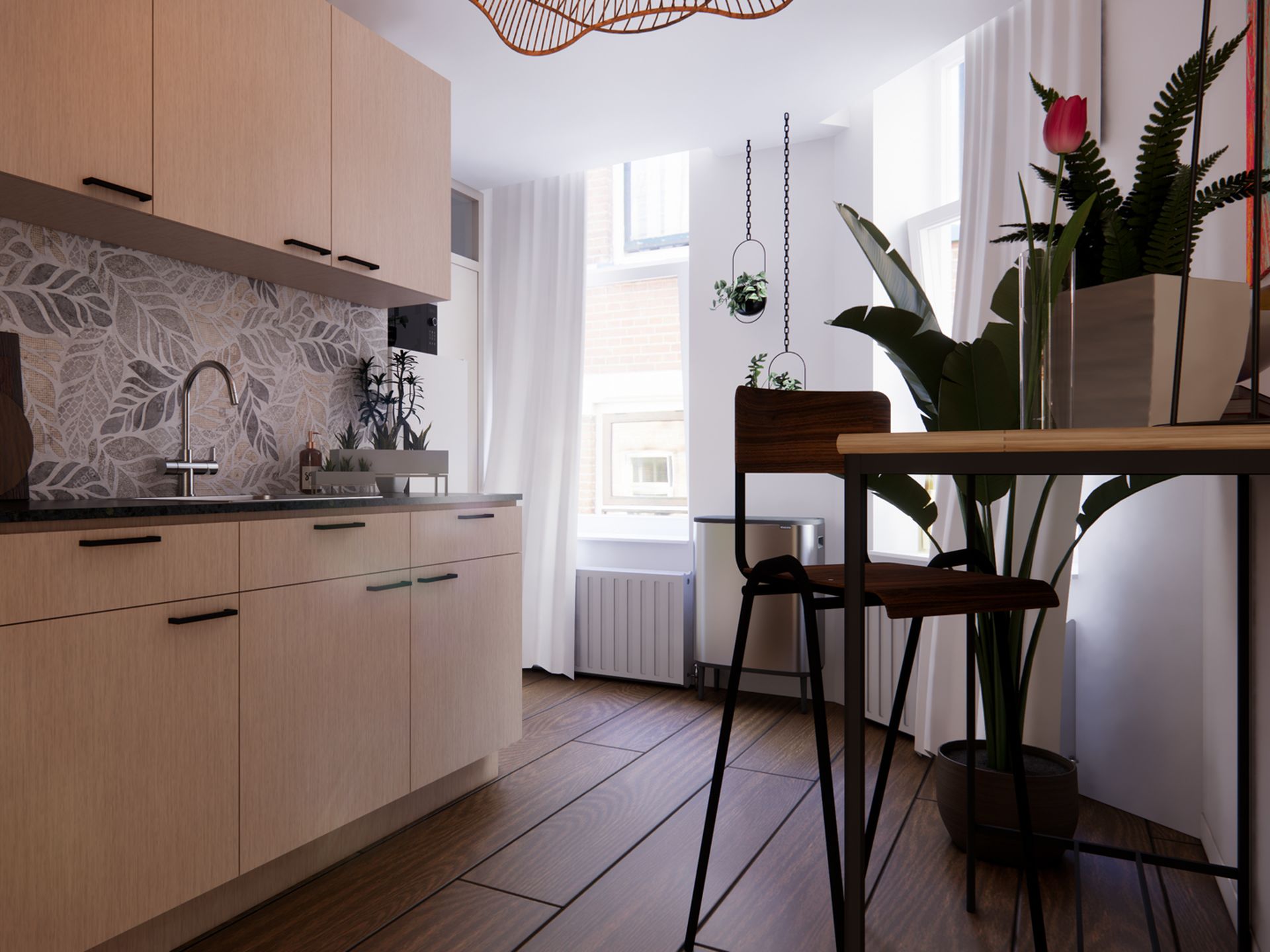 Keukenontwerp met lichte kasten, werkblad, spoelbak, raam en aangrenzende eet-/werkplek in Schiedam.