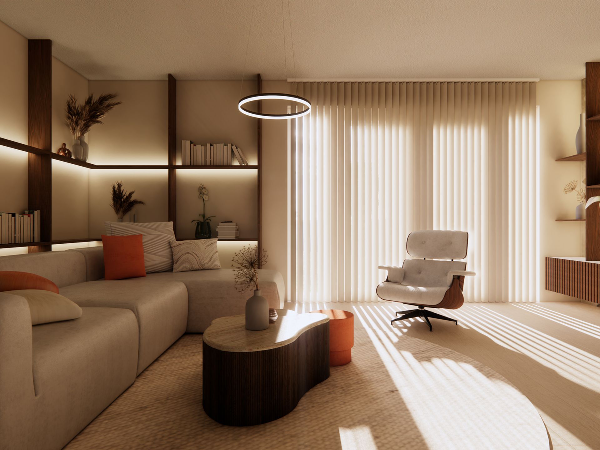 3D visualisatie van een warme nieuwbouwwoning in Zuidland met zithoek, maatwerkmeubel en veel daglicht.