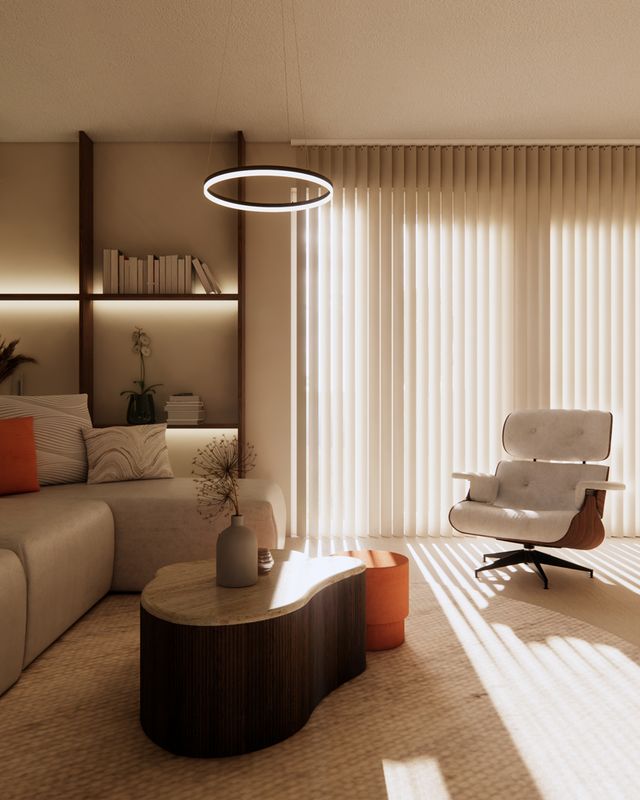 3D visualisatie van een warme nieuwbouwwoning in Zuidland met zithoek, maatwerkmeubel en veel daglicht.