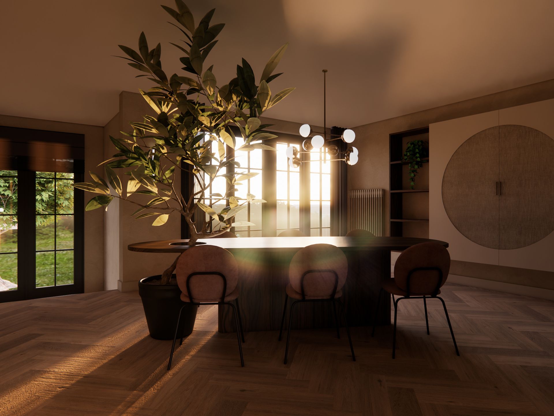Interieurvisualisatie van de dining in Oud Edam met boomtafel, ronde kastdeuren, zachte greige wanden en warm avondlicht.