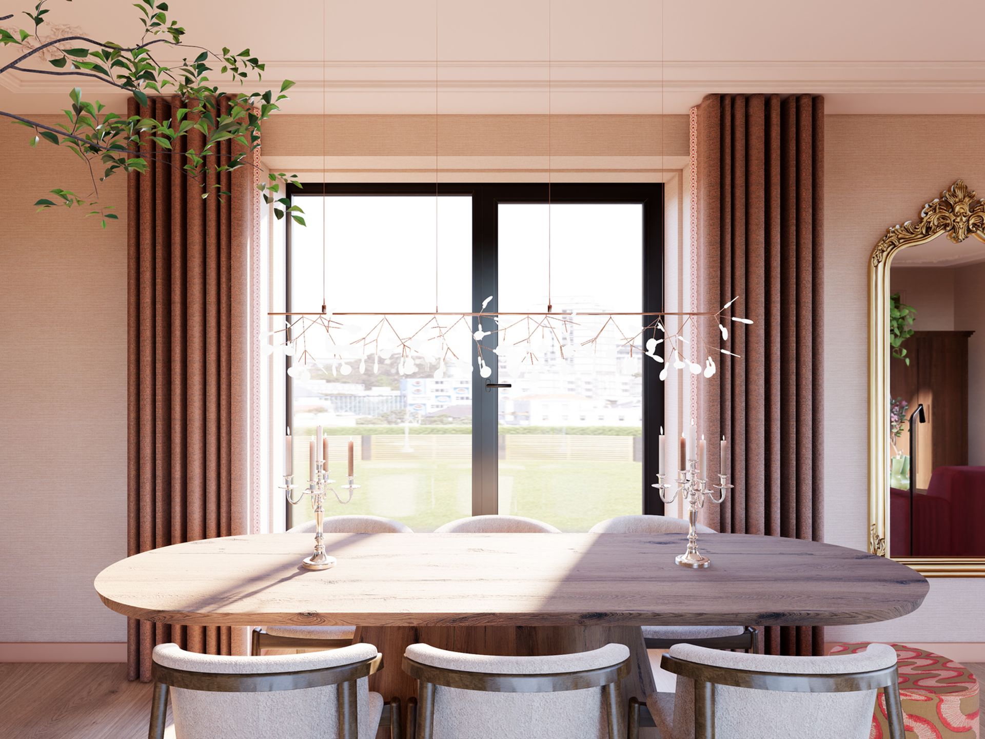 Render van de eethoek met houten tafel, klassieke spiegel, warme gordijnen en grote ramen in een licht appartement aan het IJ.