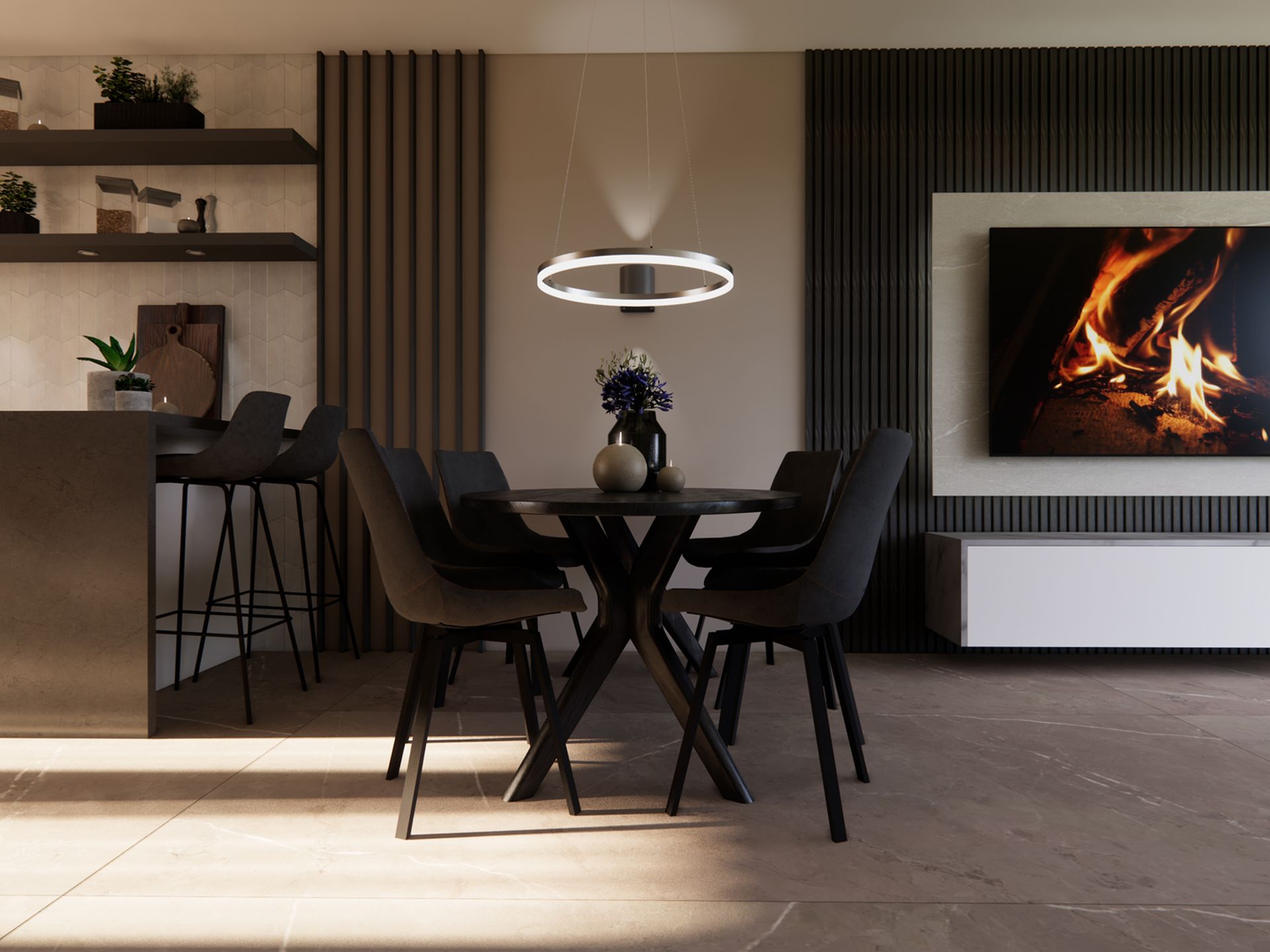 3D visualisatie van de open keuken, eetruimte en televisiewand met warme materialen en rustige zichtlijnen.