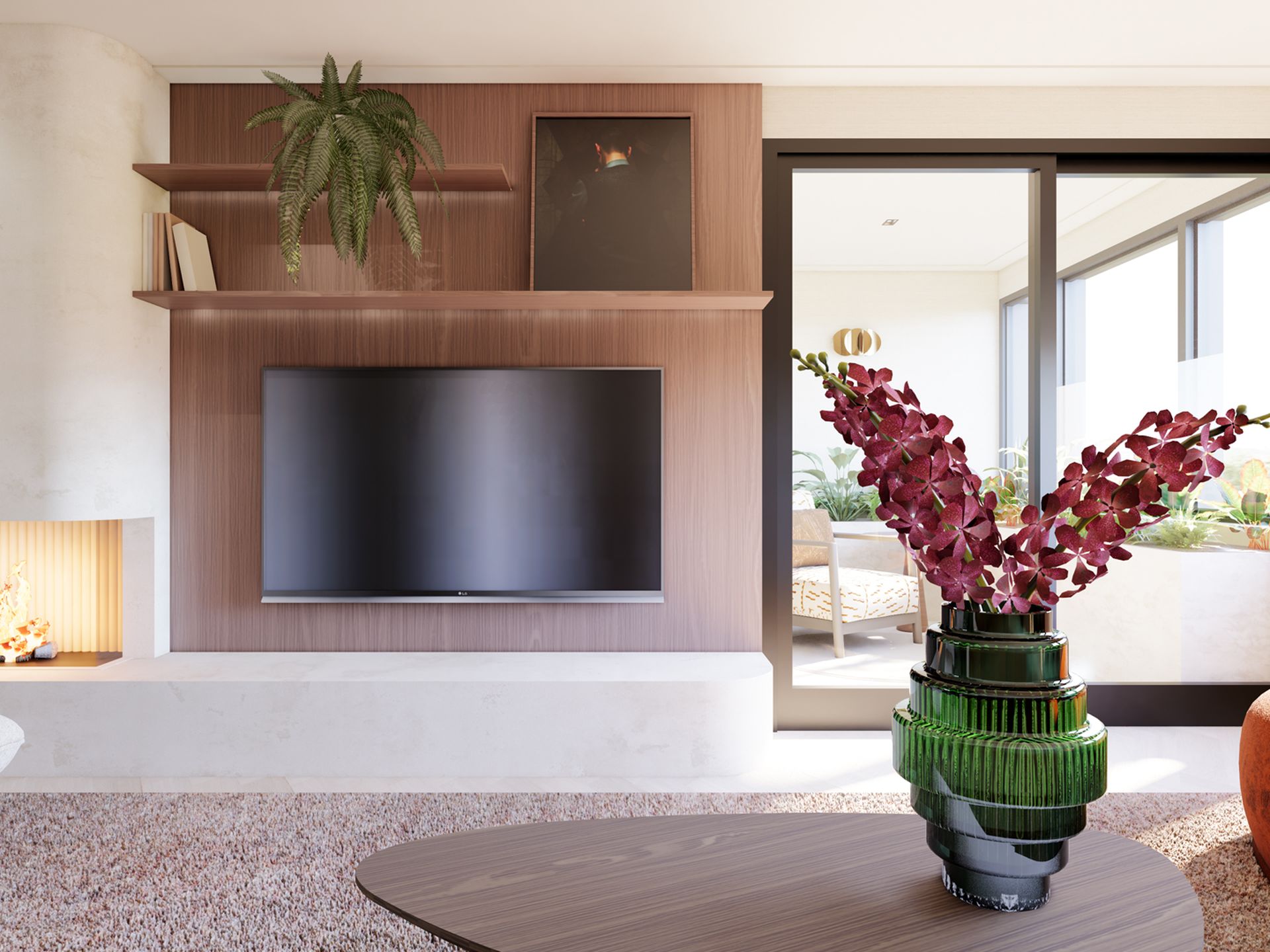 Render van de cinewall met haard, tv, notenhouten wandafwerking en schuifpui richting de loggia.