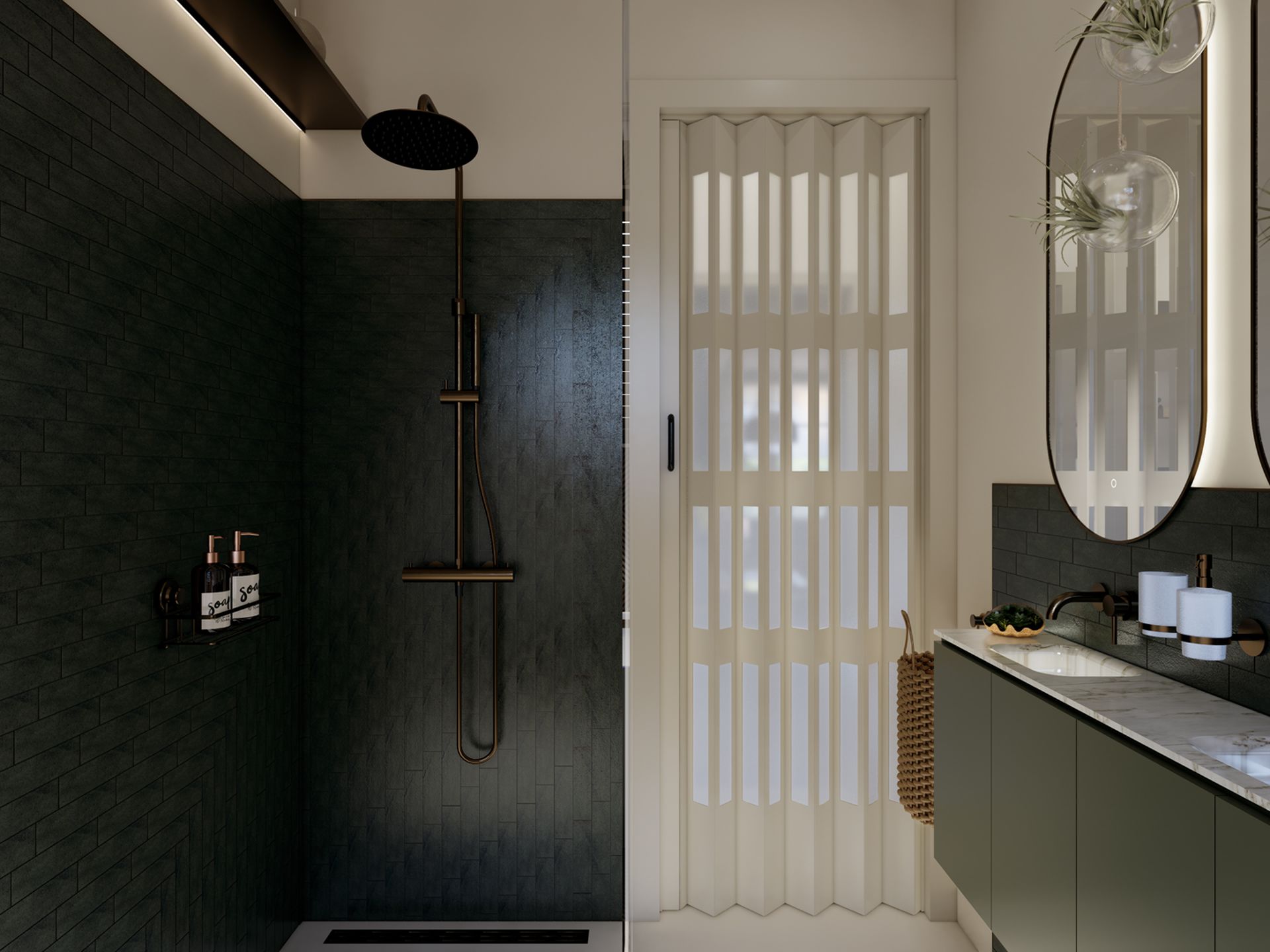 3D visualisatie van de badkamer met inloopdouche, dubbel wastafelmeubel, vouwdeur en donkere tegelwand.