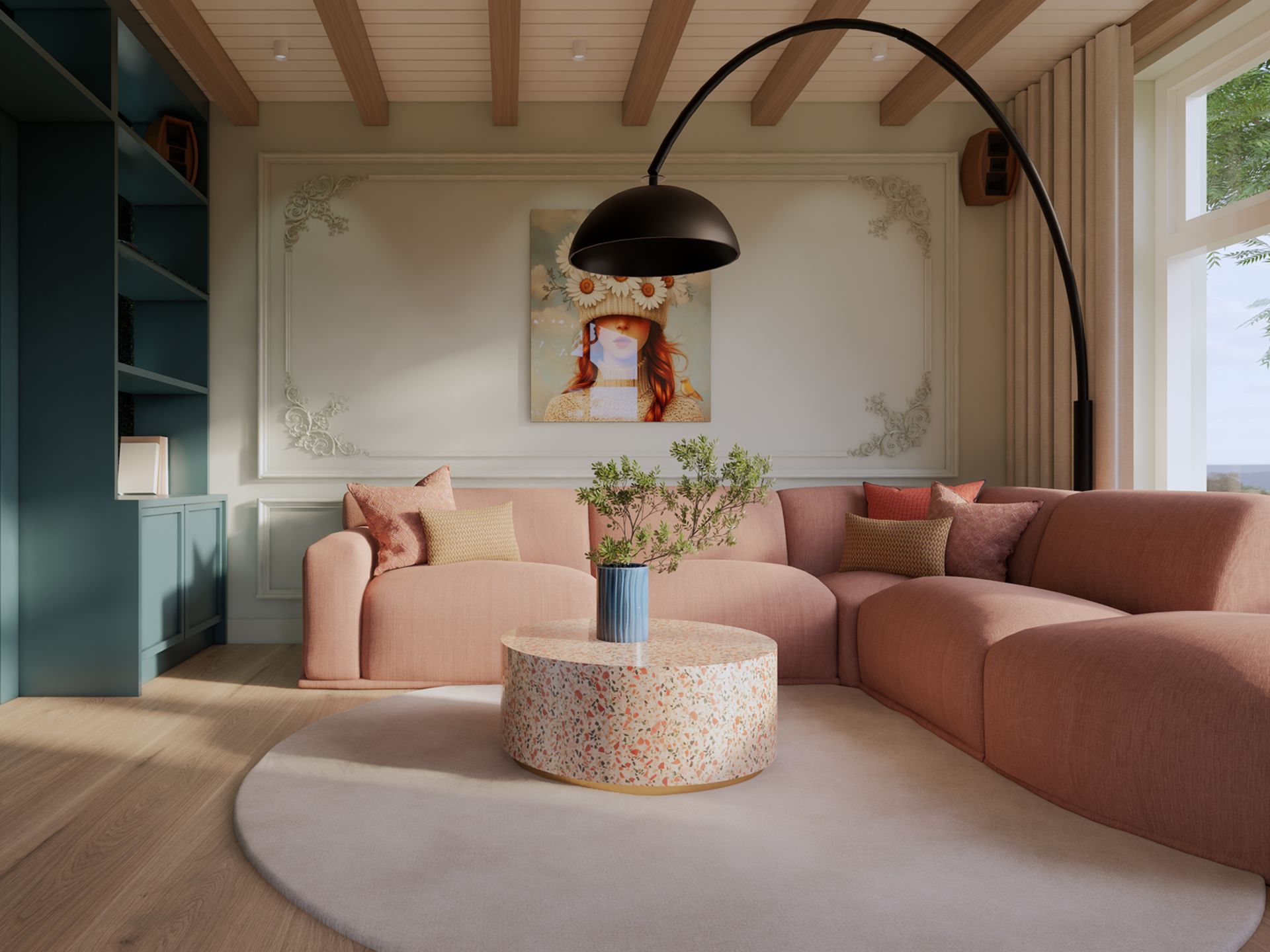 3D visualisatie van een kleurrijke woonkamer met roze hoekbank, petrol maatwerkkast, booglamp en terrazzo salontafel, ontworpen door Studio Nathalie Samson en gevisualiseerd door STOERR.