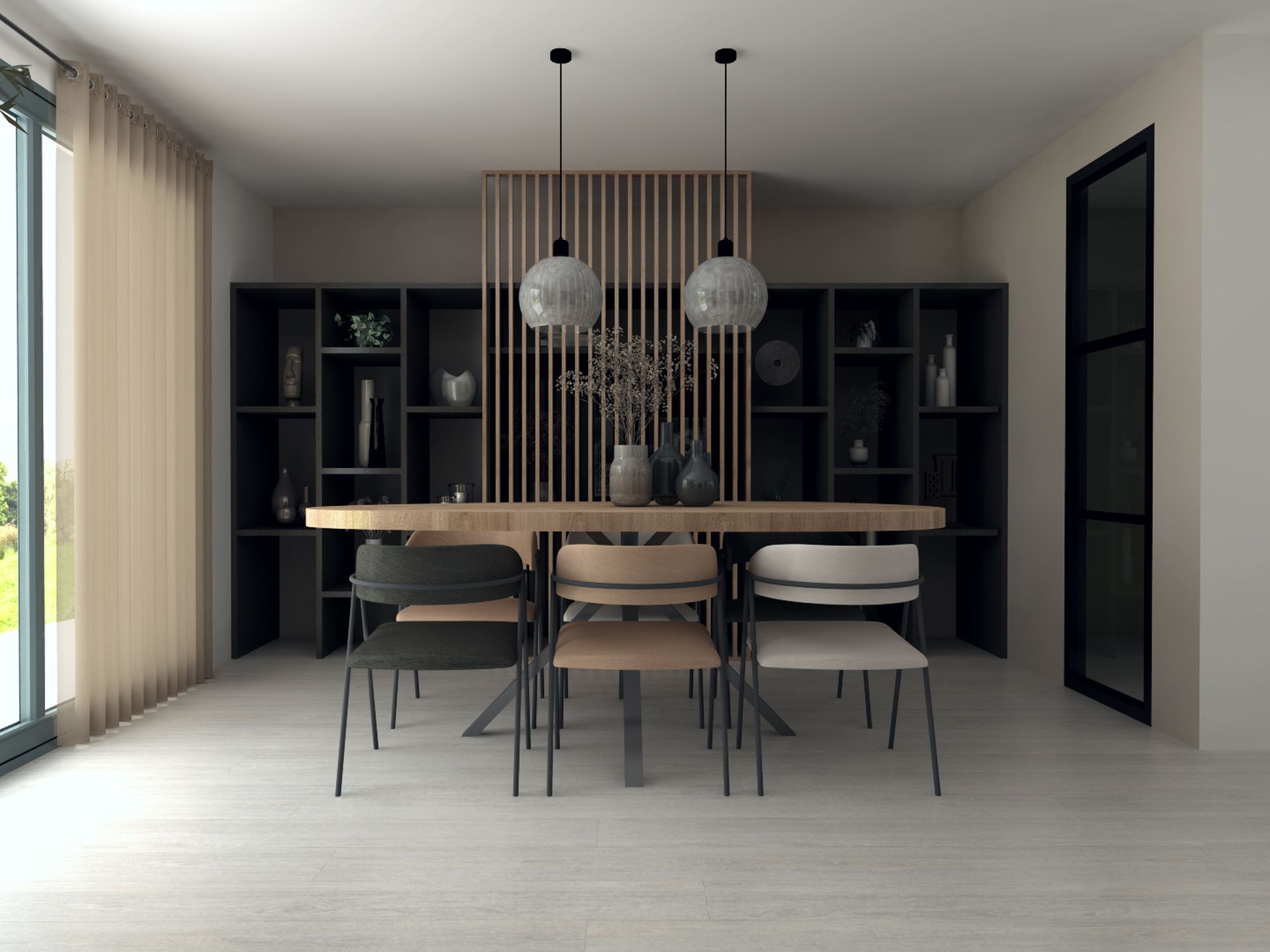 3D-visualisatie van een ruime eethoek met ovale houten tafel, maatwerkkast en open lattenwand.