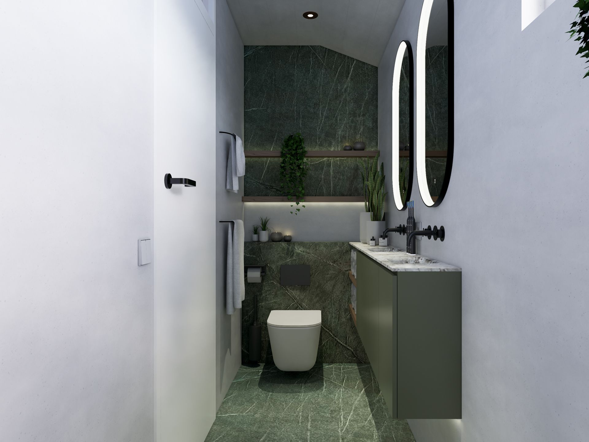 Overzicht van de badkamer met extra toilet, dubbele wastafel en groene wandpanelen.