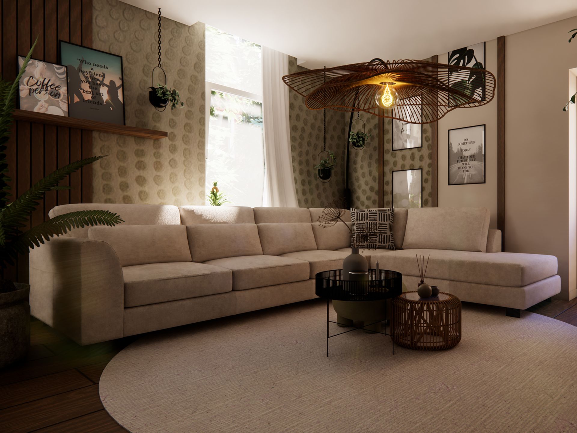 Interieurontwerp van een warme woonkamer in een huurappartement in Schiedam met hoekbank, vloerkleed, hanglamp, planten en gelaagde wandafwerking.
