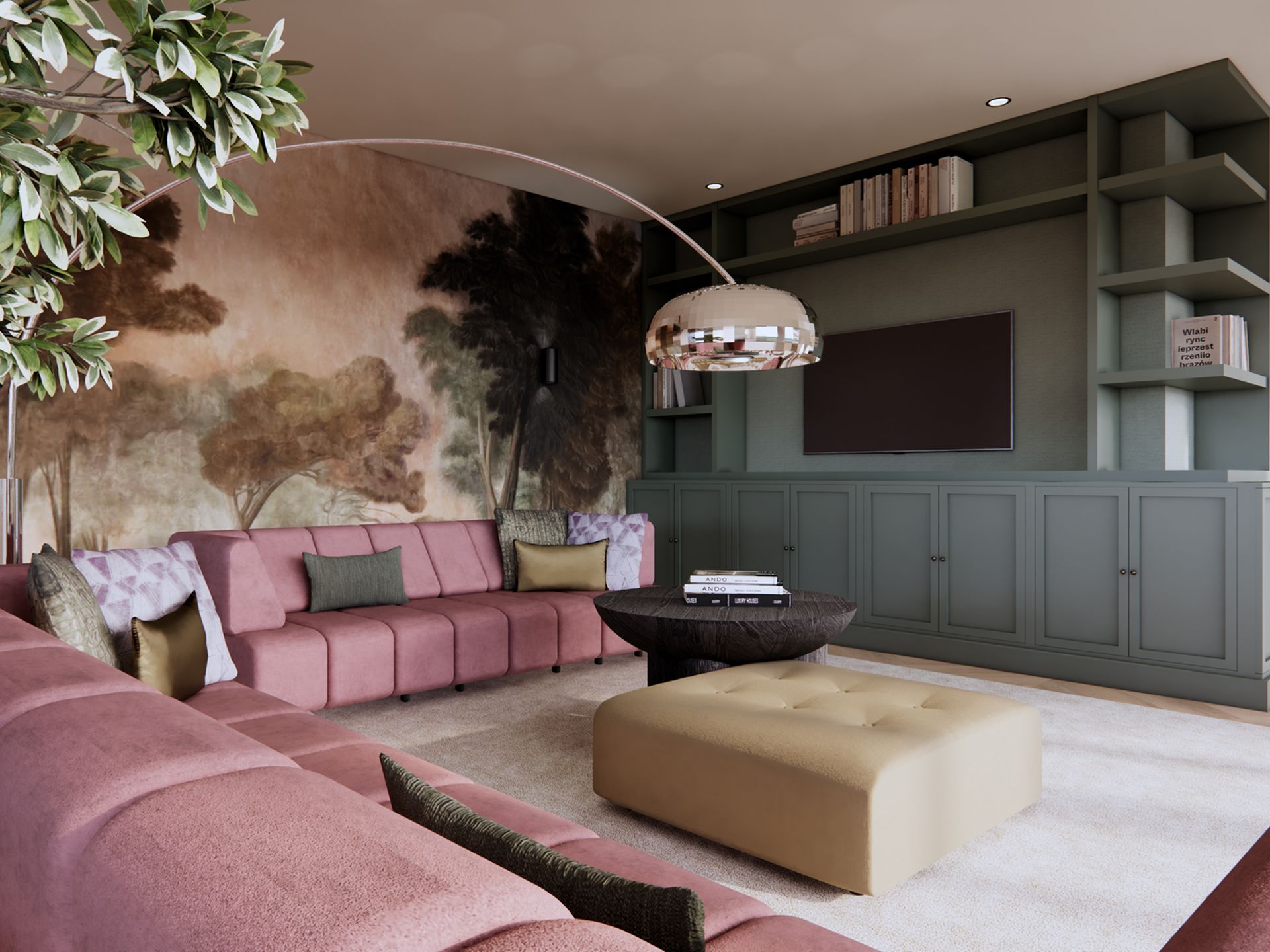 Interieurvisualisatie van de woonkamer met roze hoekbank, groen maatwerk, landschappelijk fotobehang en een mix van moderne en antieke accenten.