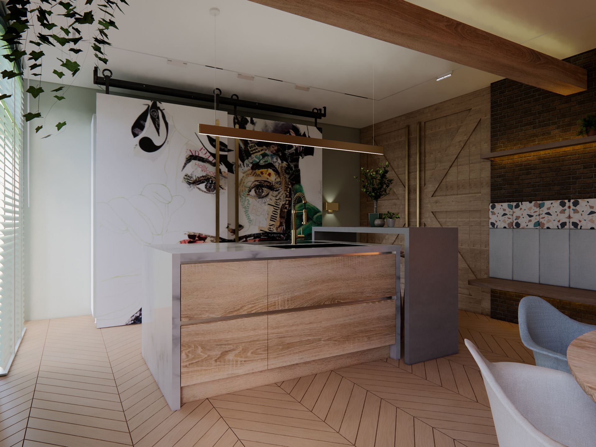 3D visualisatie van de woonkeuken met houten kookeiland, lineaire hanglamp en maatwerkzitbank tegen de bakstenen wand.