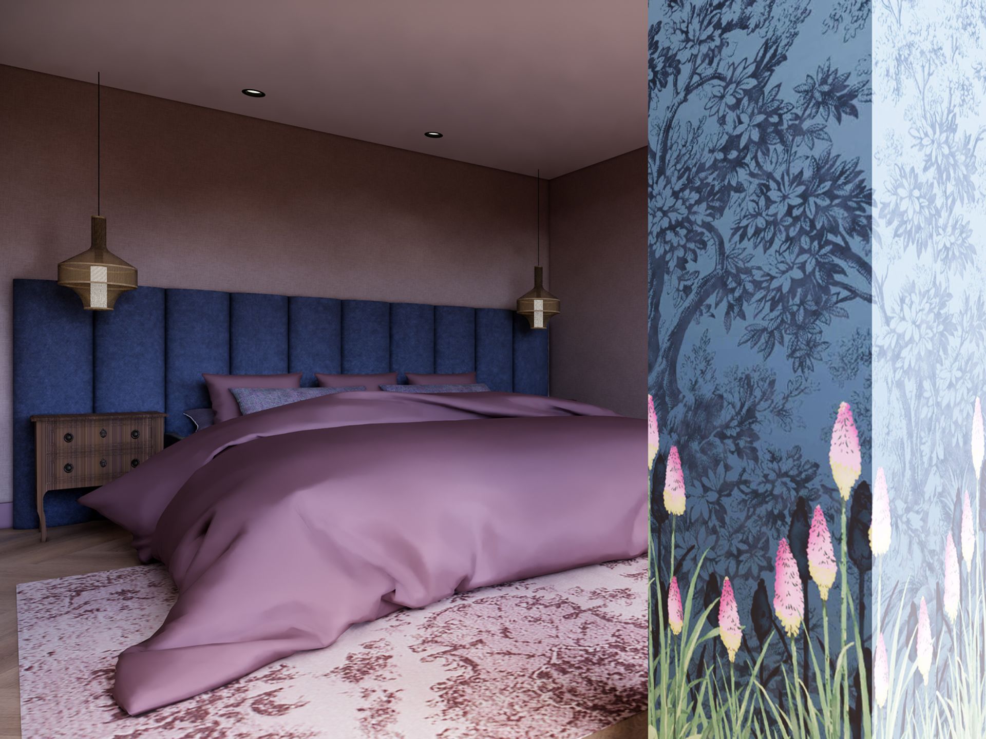 Interieurvisualisatie van een slaapkamer of logeerkamer met patroonbehang, groene kastenwand, zachte bank en klassieke tafellamp.