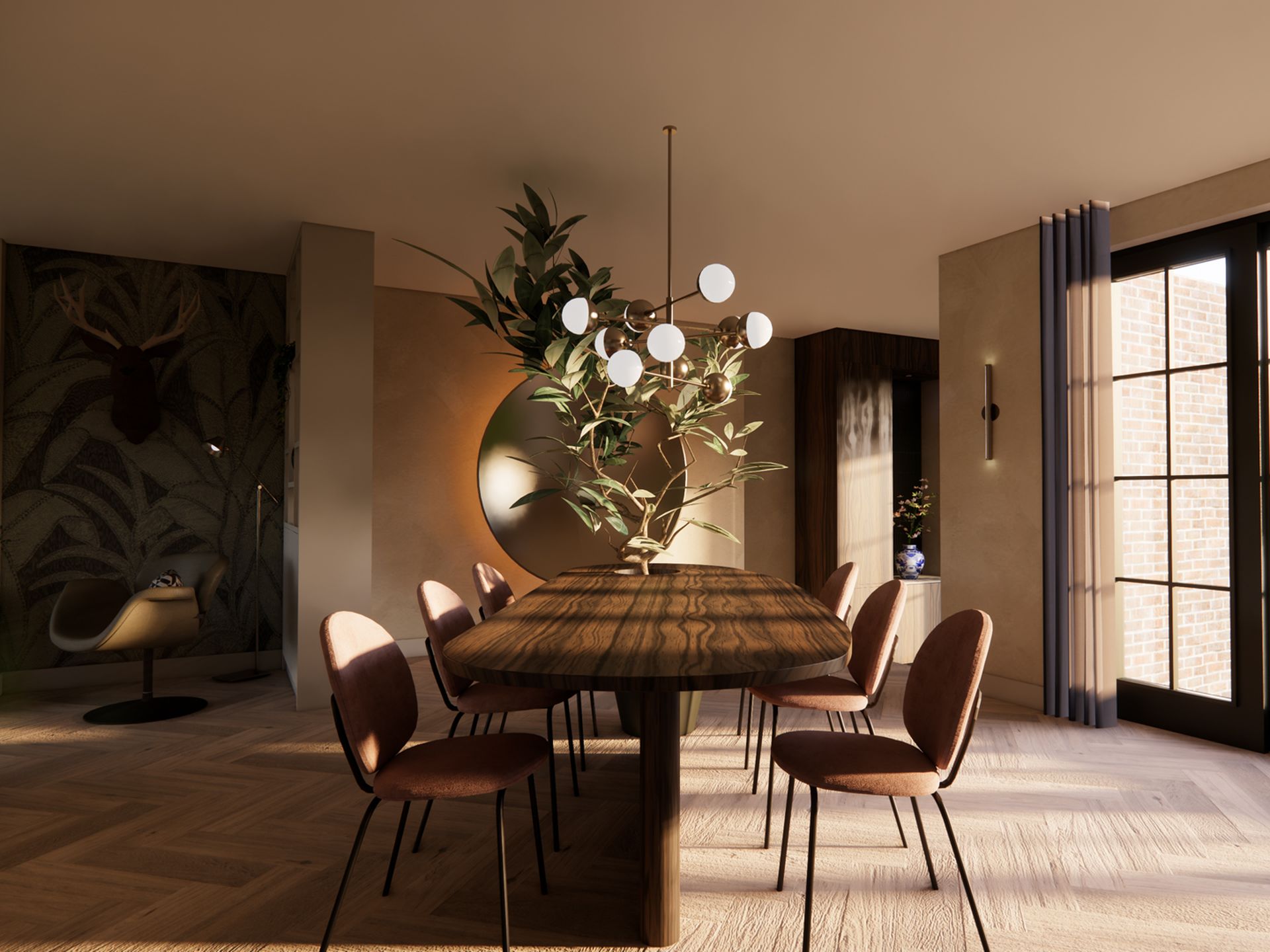 3D visualisatie van een warme dining met organische houten tafel, geïntegreerde boom, roze eetkamerstoelen en zicht naar de tuin.