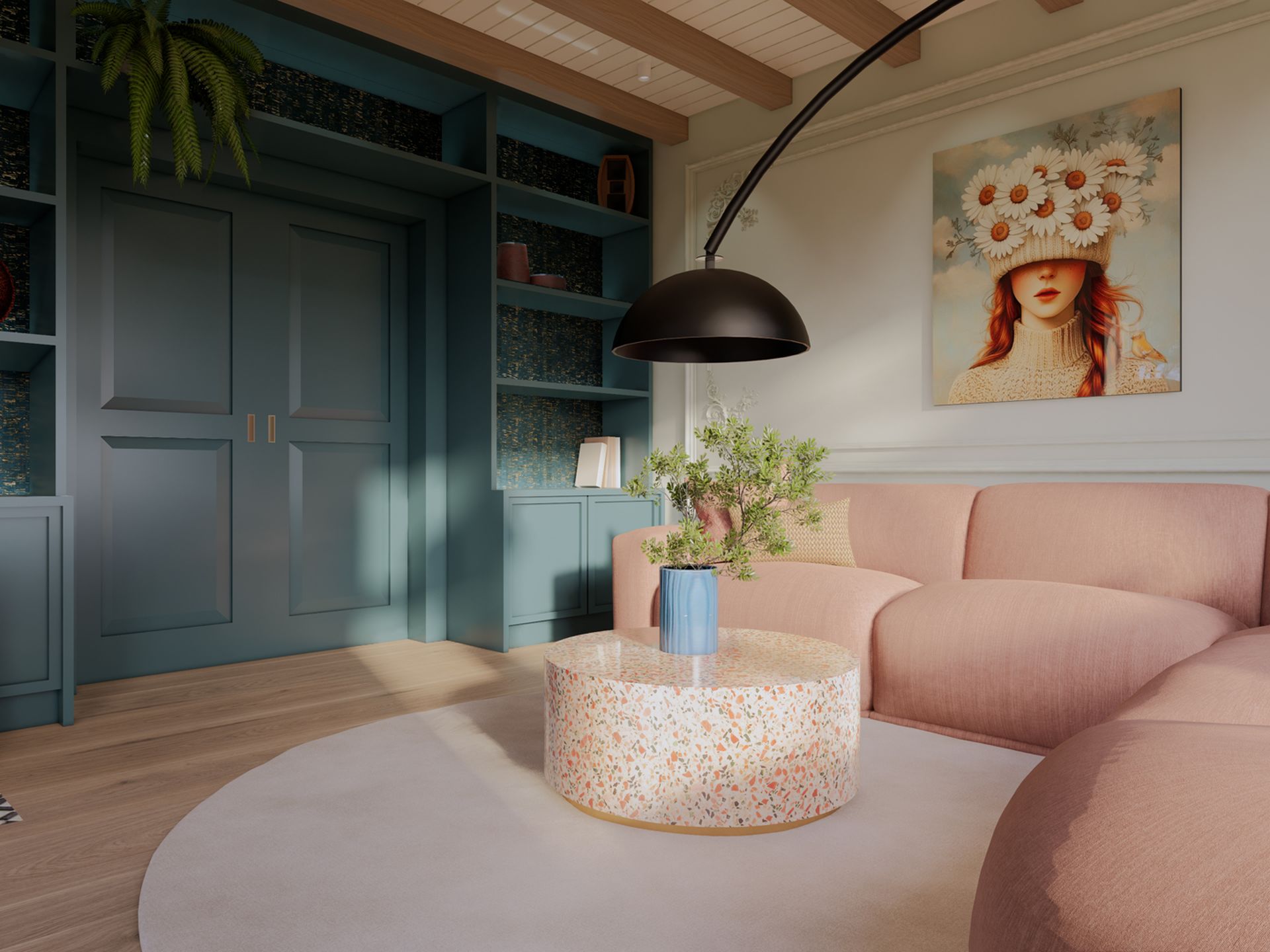 Interieurvisualisatie van de woonkamer met petrol kastwand rond de ensuite deuren, warme houttinten en een zachte roze zithoek.