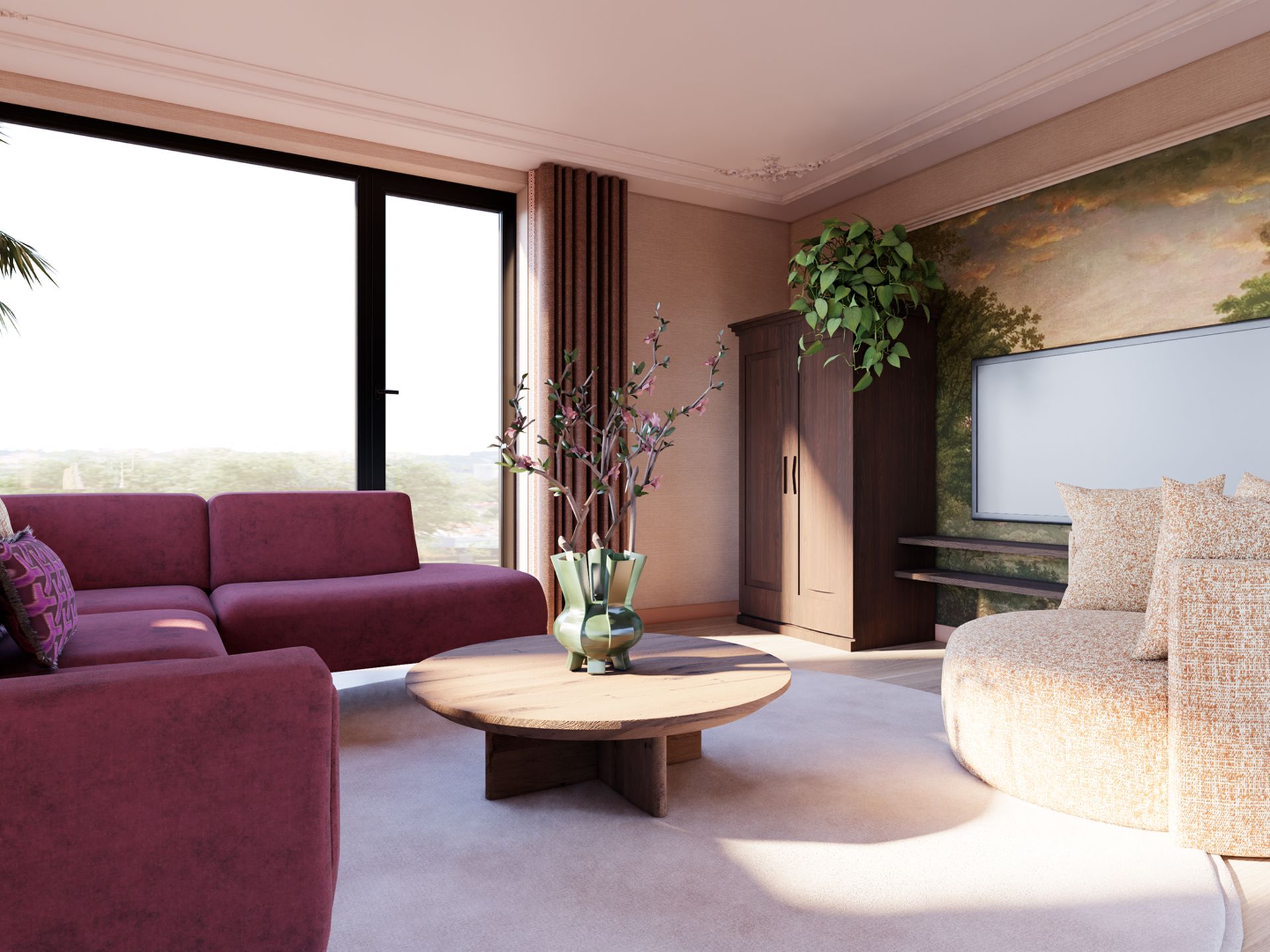 Interieurvisualisatie van de woonkamer met tv-wand, landschapsbehang, ronde fauteuil en warme materialen.