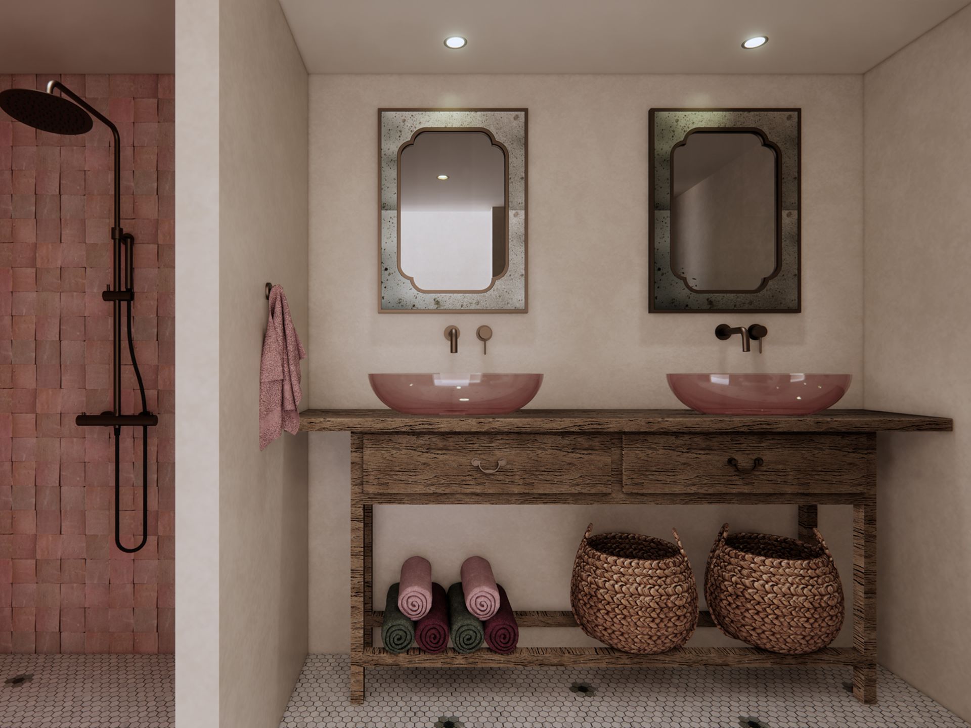 3D visualisatie van de badkamer met inloopdouche, roze zellige tegels, dubbele wastafel en houten badkamermeubel.