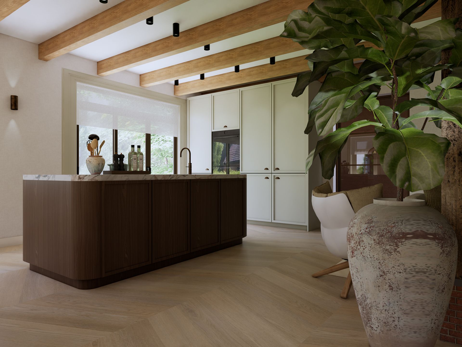Interieurvisualisatie van de keuken met houten kookeiland, vergrijsd groene kastenwand en zicht op de woonkamer.