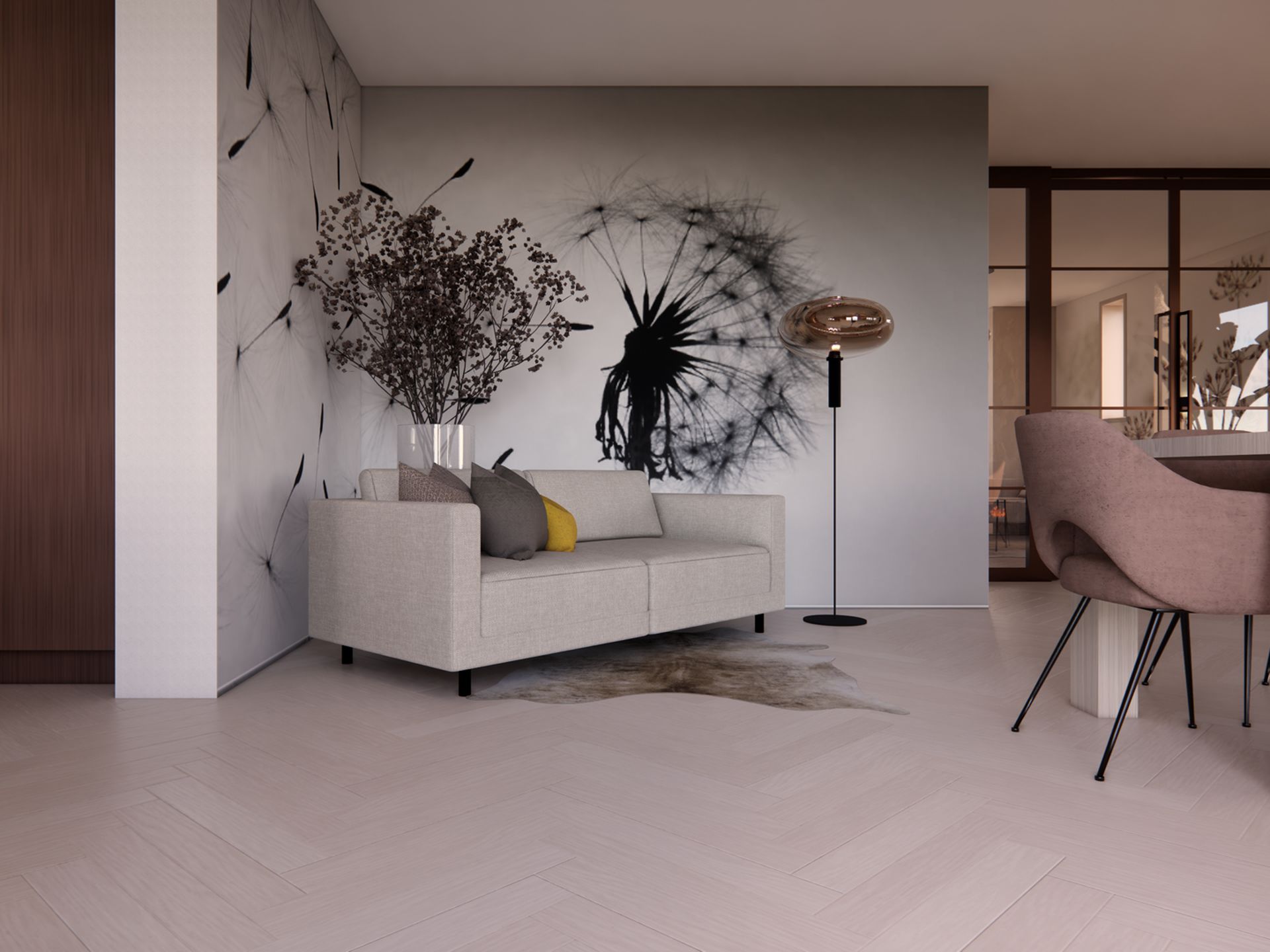 3D visualisatie van de leefruimte met eethoek, glazen scheidingswand, zachte zithoek en warme materialen in een ontwerp van STOERR.