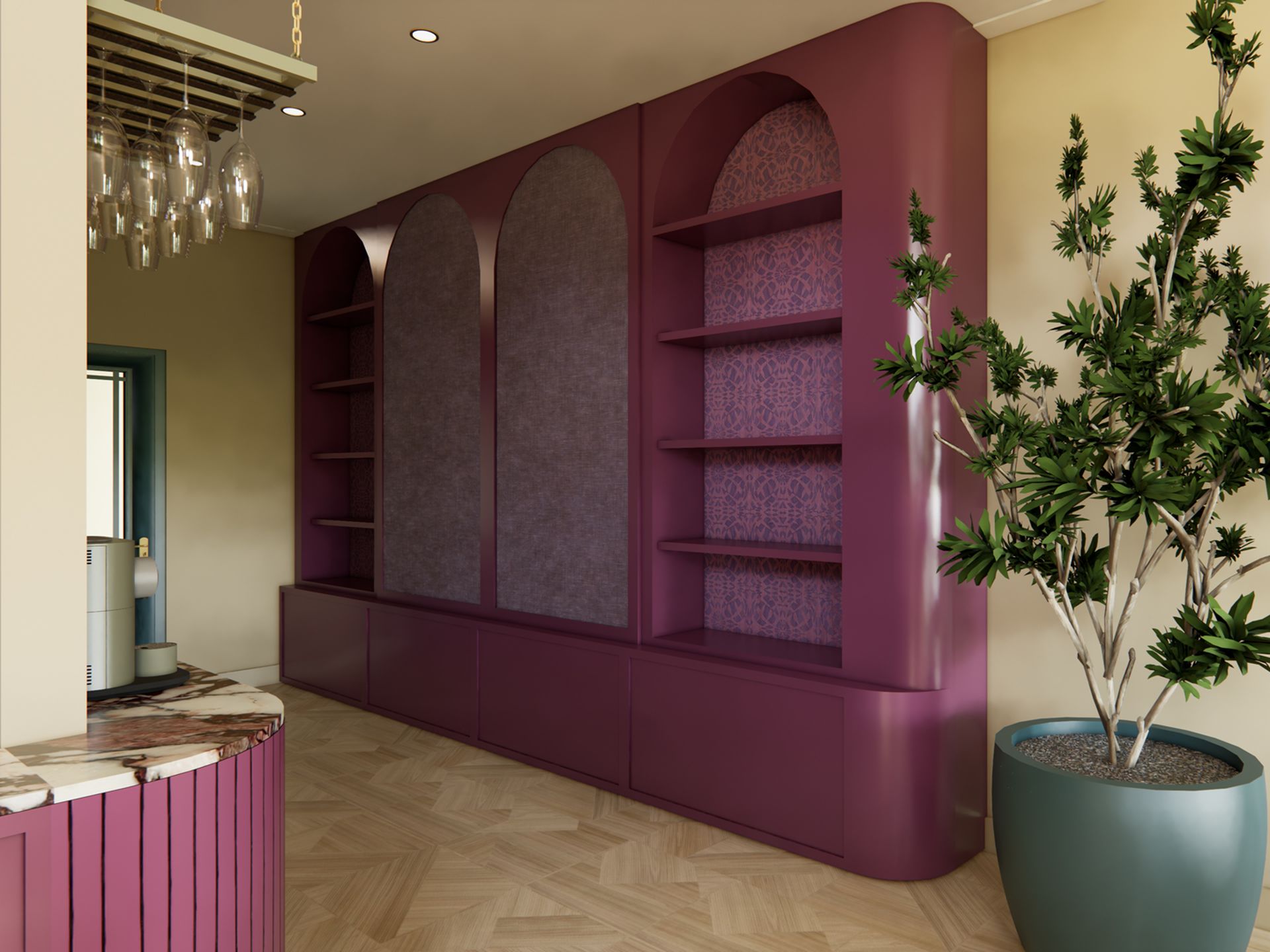 Render van auberginekleurig maatwerk met ronde vormen, open vakken, textielpanelen en groene plantenbak in een bold feminine kantoorinterieur.