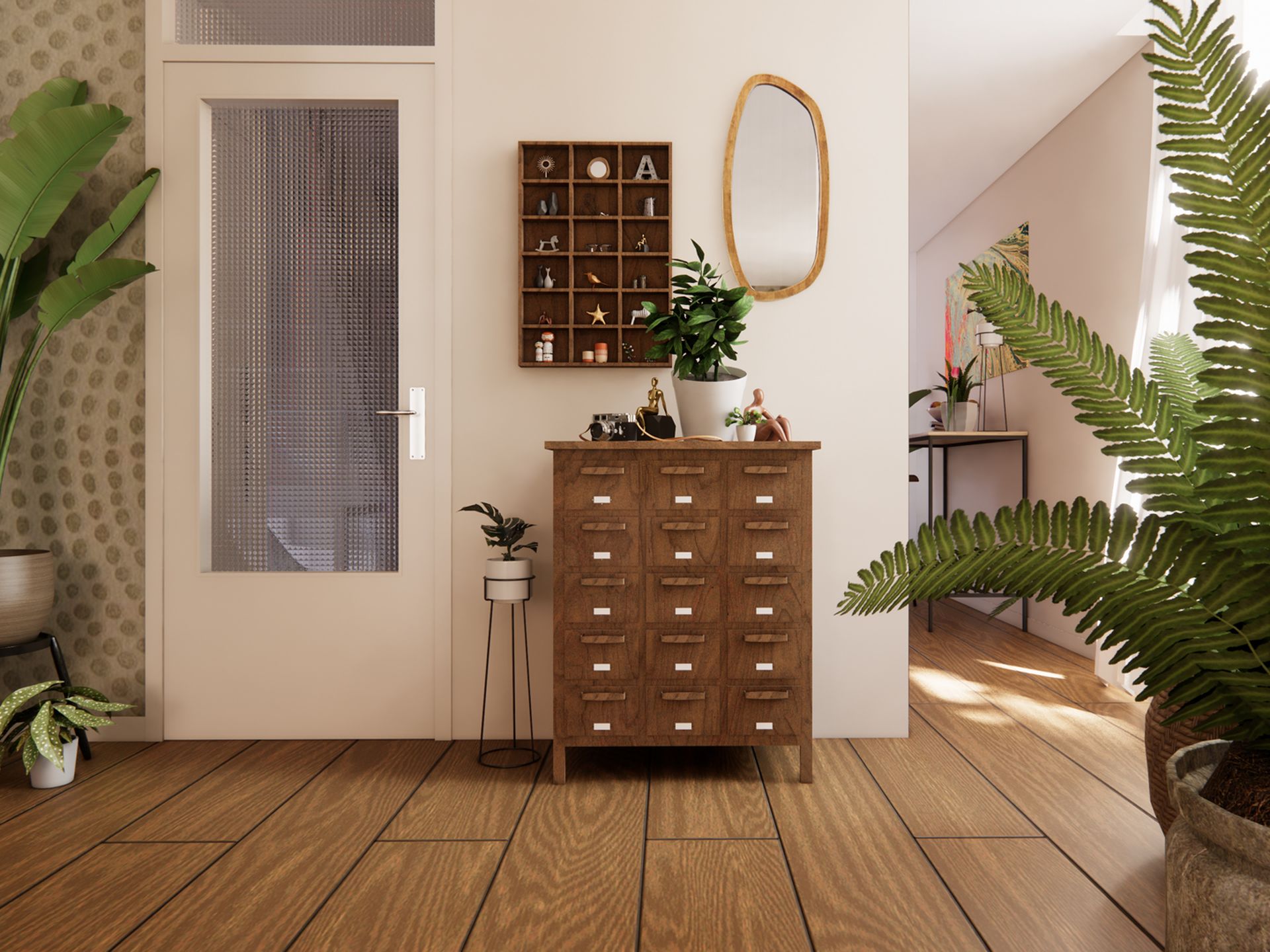 Overgang in het huurappartement met antieke kast, spiegel, glazen deur, grote plant en houten vloer.