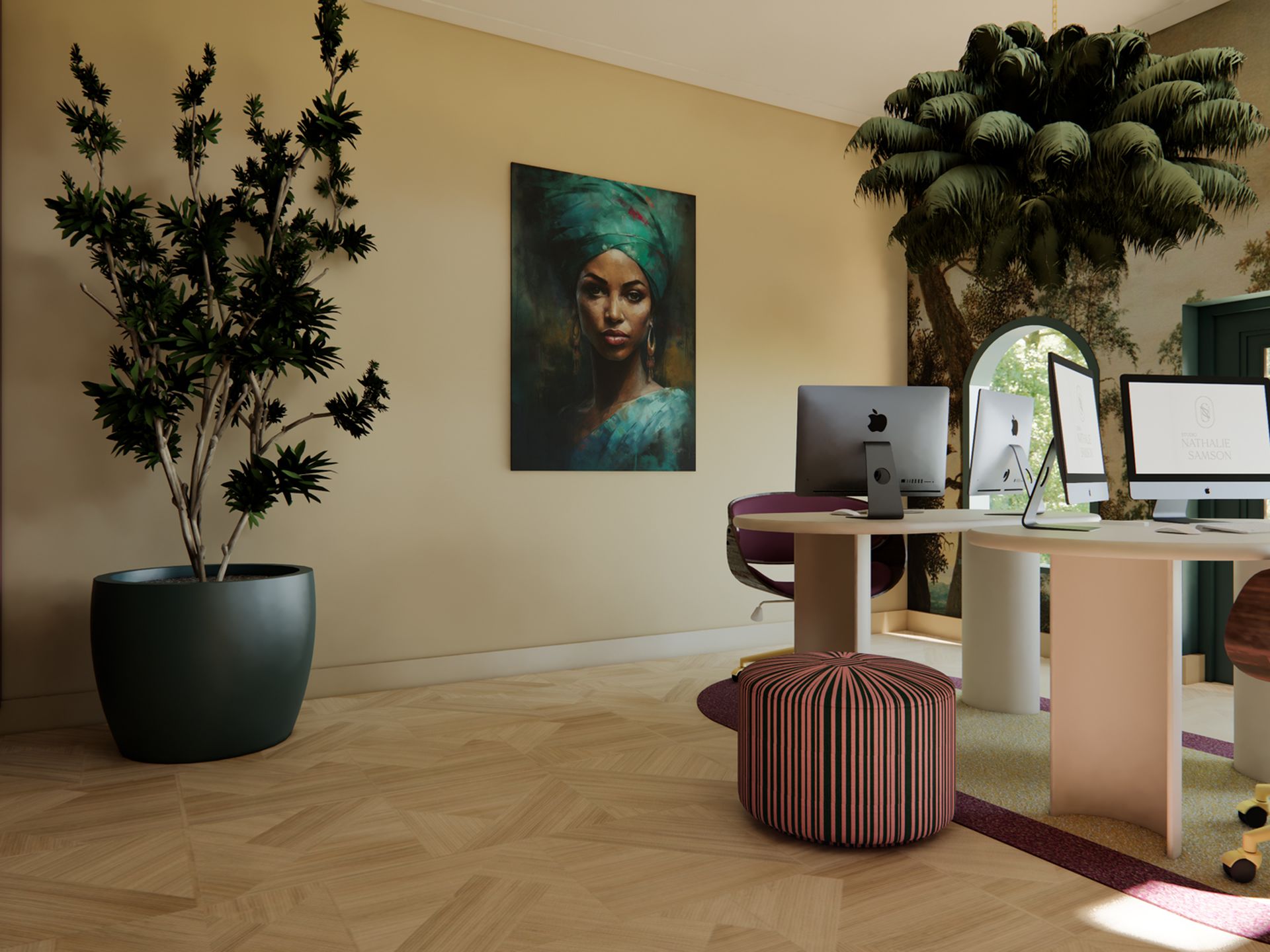 Interieurvisualisatie van een thuiskantoor met ronde bureaus, portretkunst, wandmural en natuurlijke groentinten.