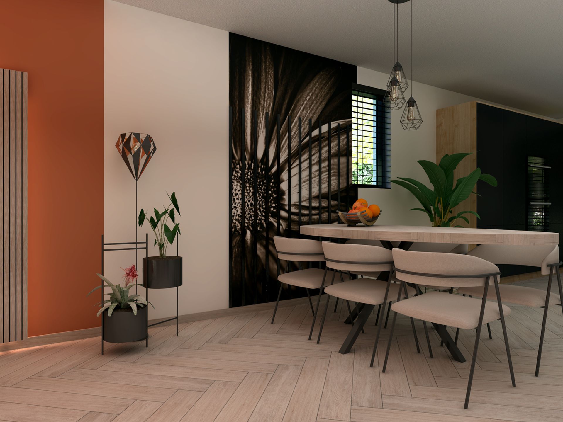 Eetgedeelte met organische eettafel, lichte stoelen en een grote zwart-wit wandafbeelding naast de keuken.